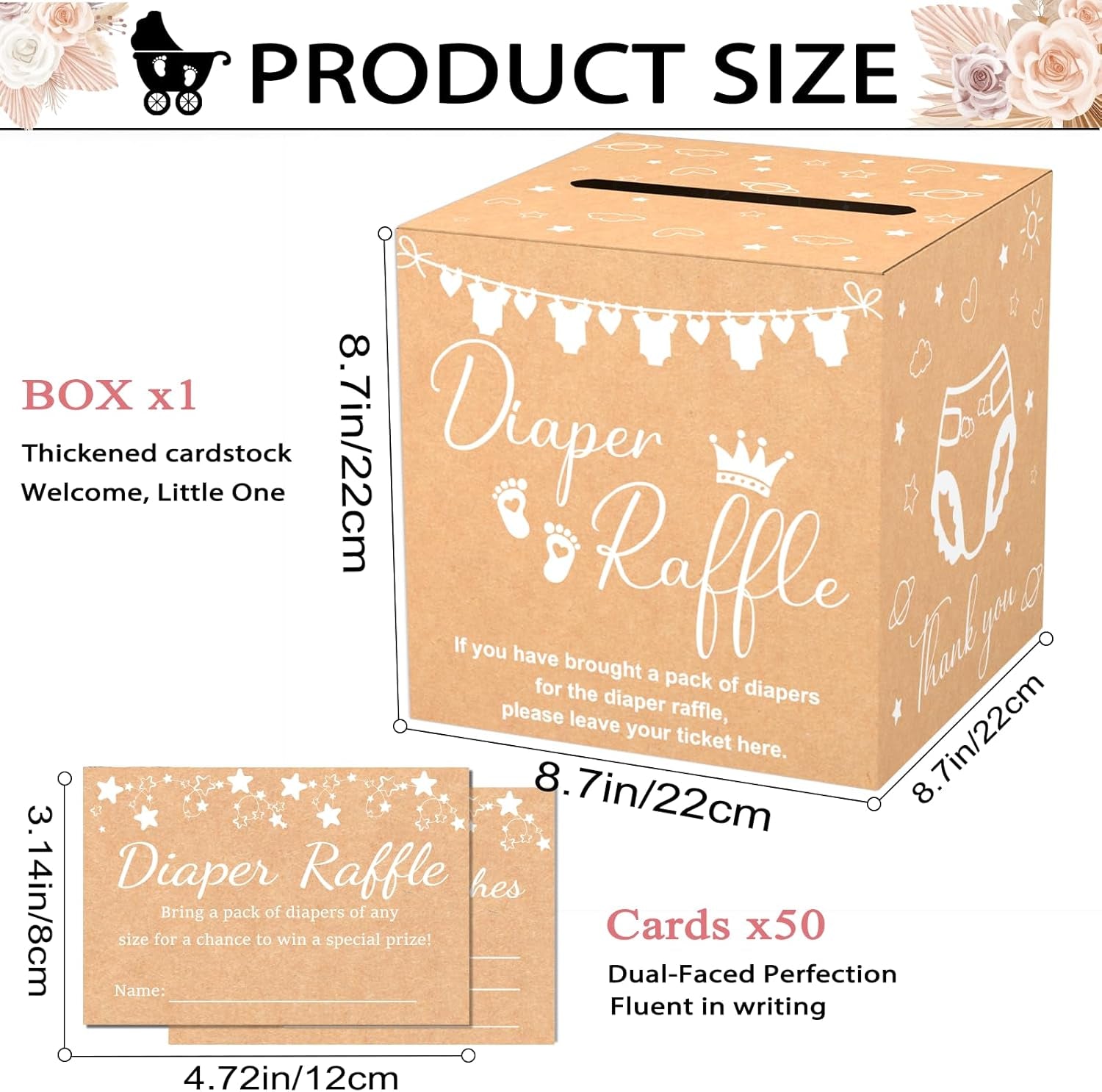 Brown Diaper Raffle Card Box for Baby Shower, 50 Pcs Diaper Raffle Tickets with Advice and Wishes, Gender Reveal Baby Shower Games, Party Decorations Supplies