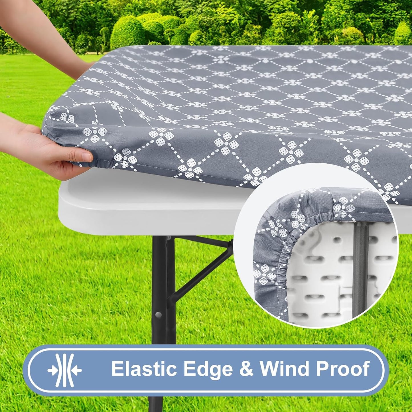 Rectangle Vinyl Table Cloth, Elastic Fitted Tablecloth with Flannel Backing, Waterproof Plastic Table Cover Fits 6 Foot Folding Tables for Camping, Indoor and Outdoor (Grey, 30" X 72")