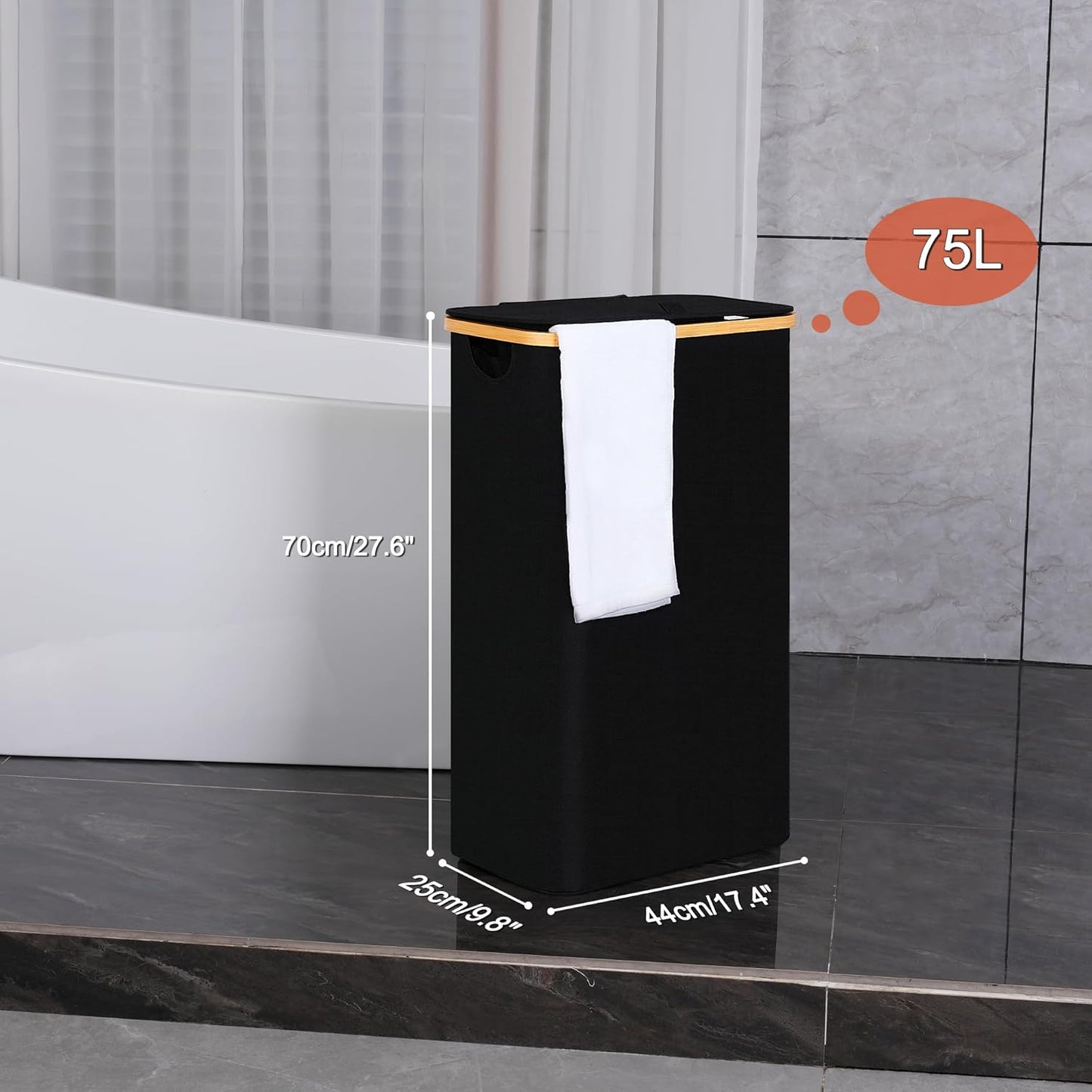 Slim Laundry Basket with Lid, Narrow Laundry Hamper with Removable Bag, Skinny Dirty Clothes Basket with Bamboo Handles for Bathroom, Bedroom & Laundry Room, 75L Black