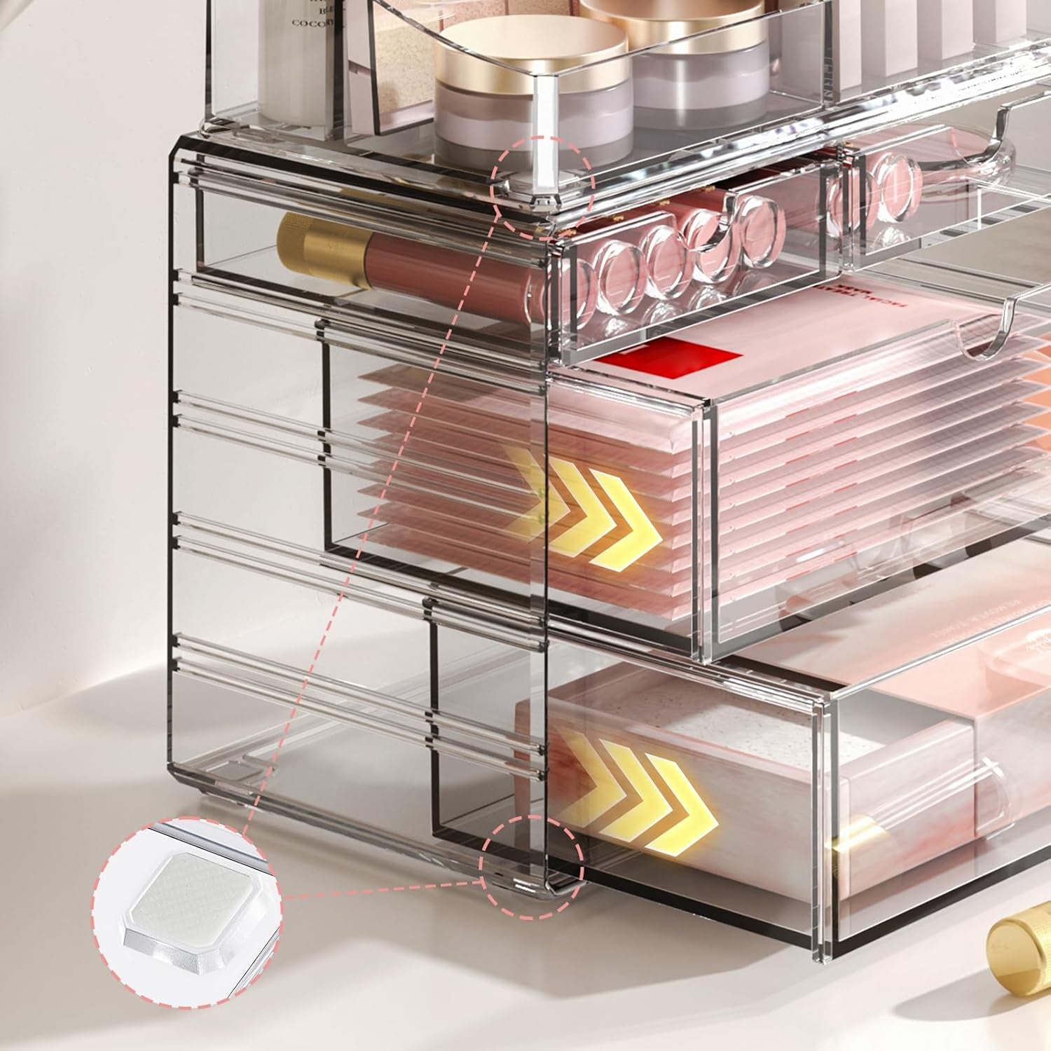4-Tier Clear Makeup Organizer with Drawer - Stackable Acrylic Cosmetic Storage for Bathroom Vanity & Dresser Countertop, Make up & Jewelry Storage, Beauty Holder for Lipstick Brush Skincare