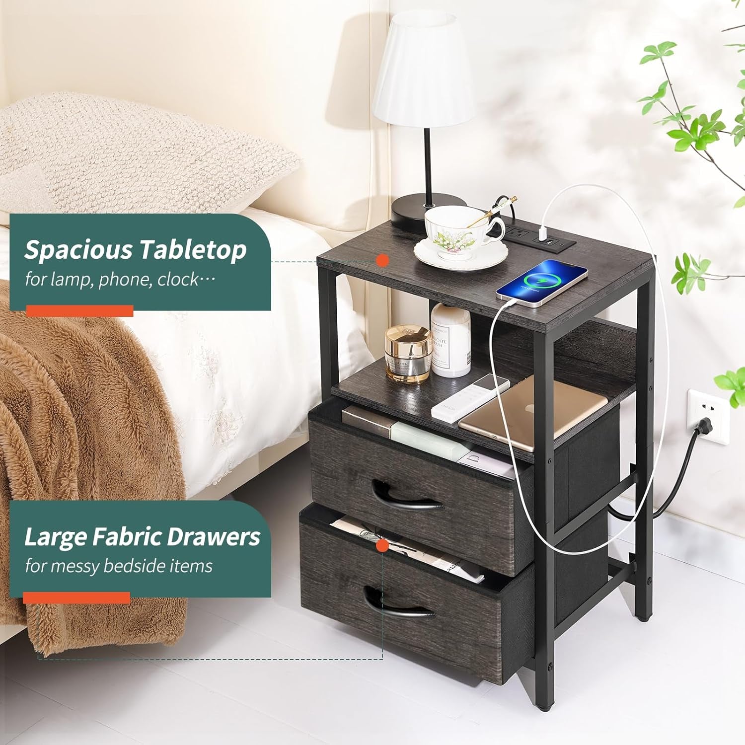 Nightstand with Charging Station, Small Night Stand with Fabric Drawers and Storage Shelf for Bedrooms, Nightstands for Small Spaces, Bedside Table with USB Ports & Outlets, Bed Side Table
