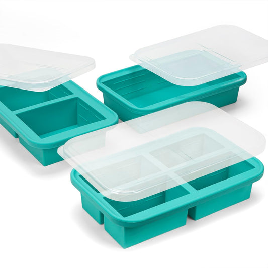 Silicone Freezer Trays with Lid, 3 Pack of 1 Cup 2 Cup 6 Cup, Airtight Large Silicone Ice Cube Tray Mold for Soup Cube Food Storage Meal Prep, Steel Reinforced Rim, Oven Dishwasher Safe, Aqua