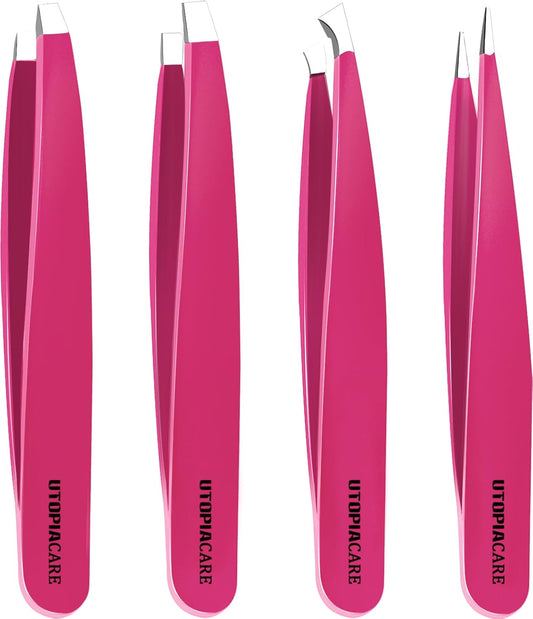 Professional Tweezers 4 Piece Set, Stainless Steel Slant, Pointed, Flat & Curved Tweezers for Eyebrows, Ingrown Hair & Splinter Removal, Grooming & Beauty Tools, Pink