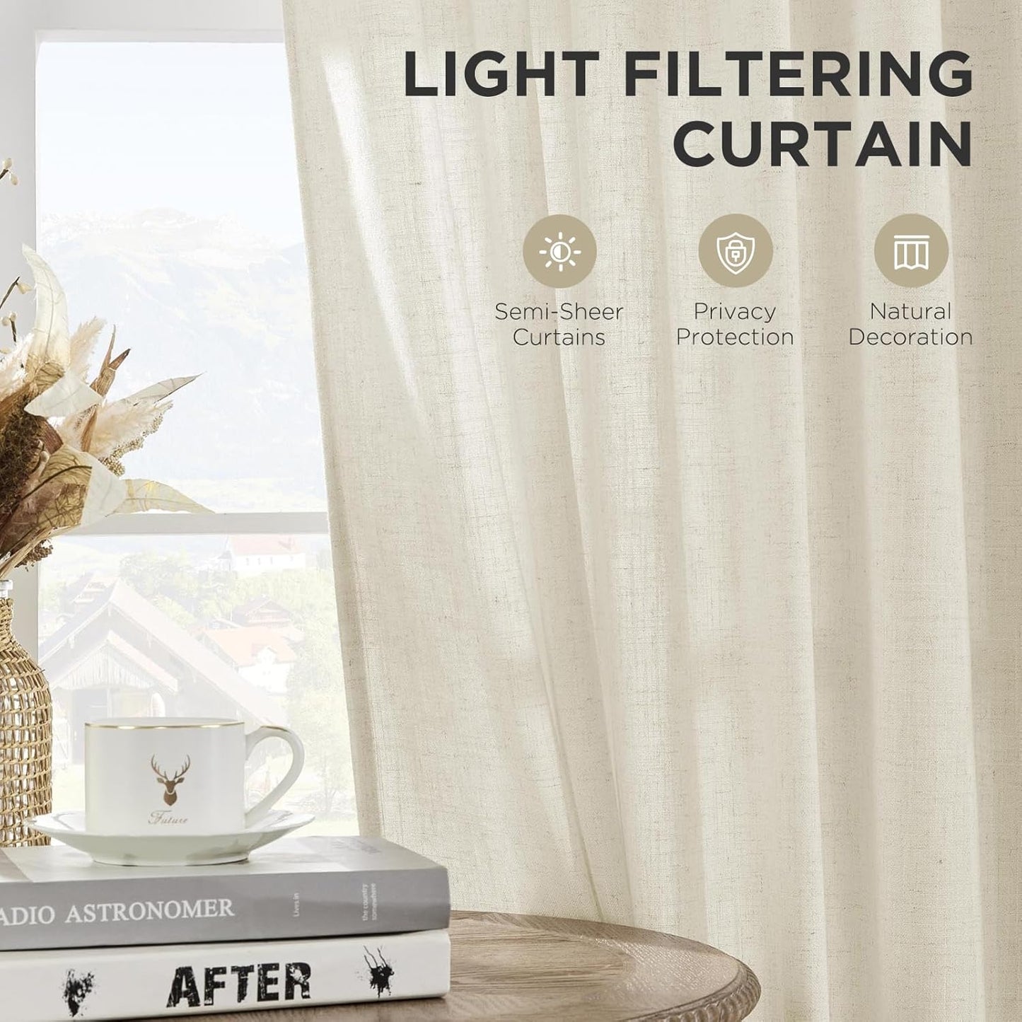 Linen Curtains 96-Inch Length, 2-Panel Set, Light Filtering Drapes for Living Room and Bedroom, 52-Inch Width with Rod Pocket and Back Tab (Ivory on Linen)