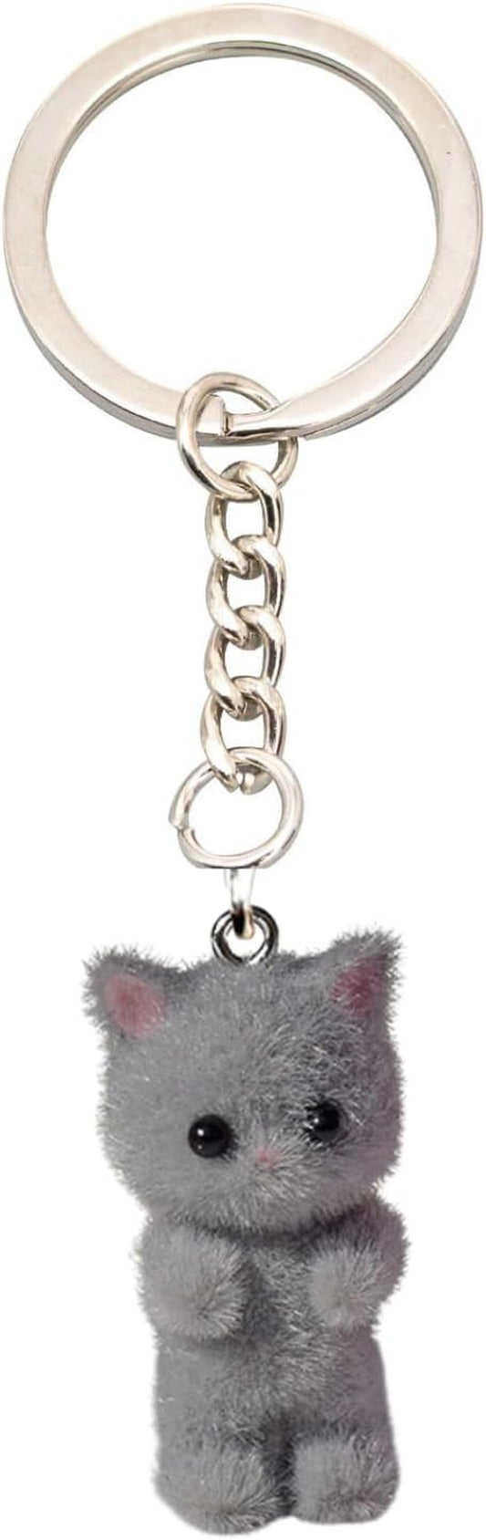 Cute Cat Keychain Fluffy Gray Kitten Animal Resin Key Chain Ring Purse Bag Backpack Charm Earbud Case Cover Accessories