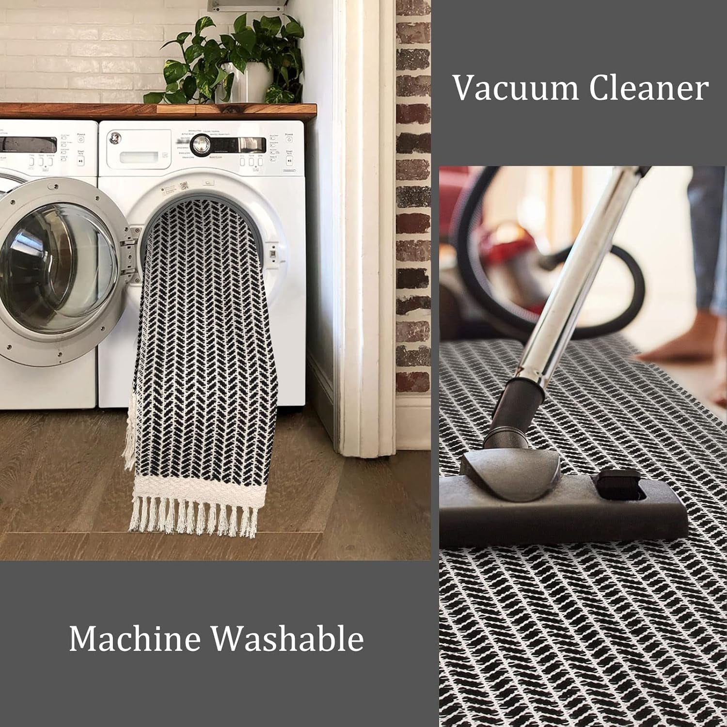 Boho Bathroom Rugs, Small 2X3 Front Door Mat Lightweight Kitchen Rug Woven Cotton Area Rug with Tassels, Farmhouse Washable Black and White Throw Rug Low Pile Carpet for Entry Laundry