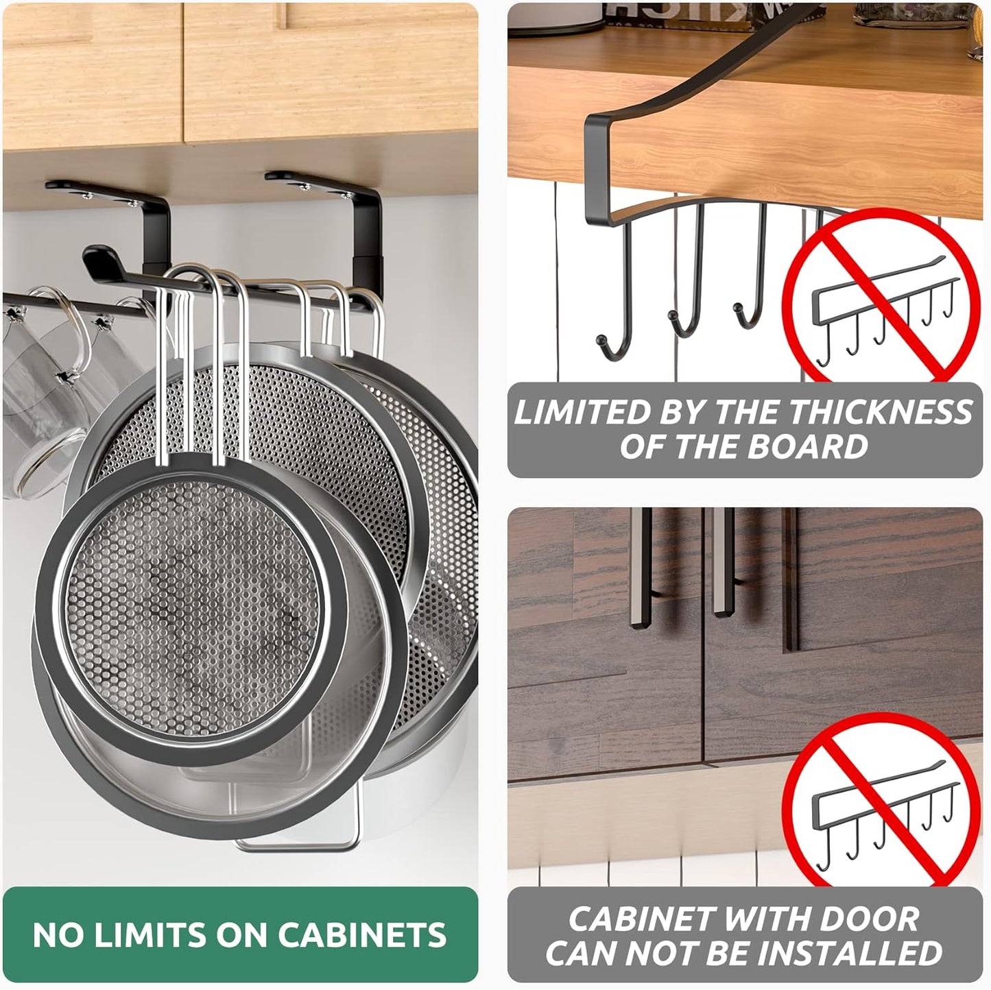 Coffee Mug Holder under Cabinet 3 Pack, Metal Sturdy Mug Rack under Shelf Organizer, Display Hanging Cup Storage Hooks for Bar Kitchen Utensils/Wine Glasses/Tea Cup, Black