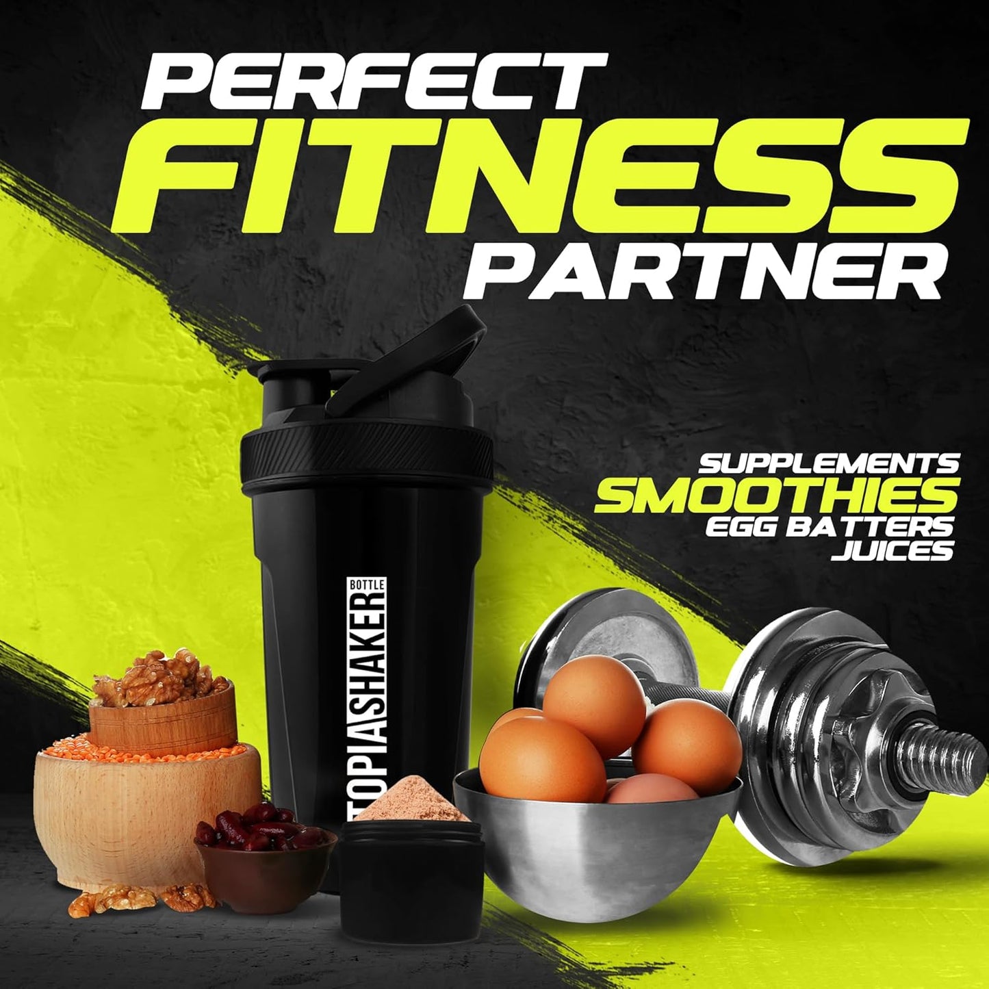 Shaker Bottle 2 Pack - 24 Ounce Plastic Protein or Cocktail Shaker Bottle for Pre & Post Workout with Twist & Lock Protein Box Storage (All Black & Clear/Black)