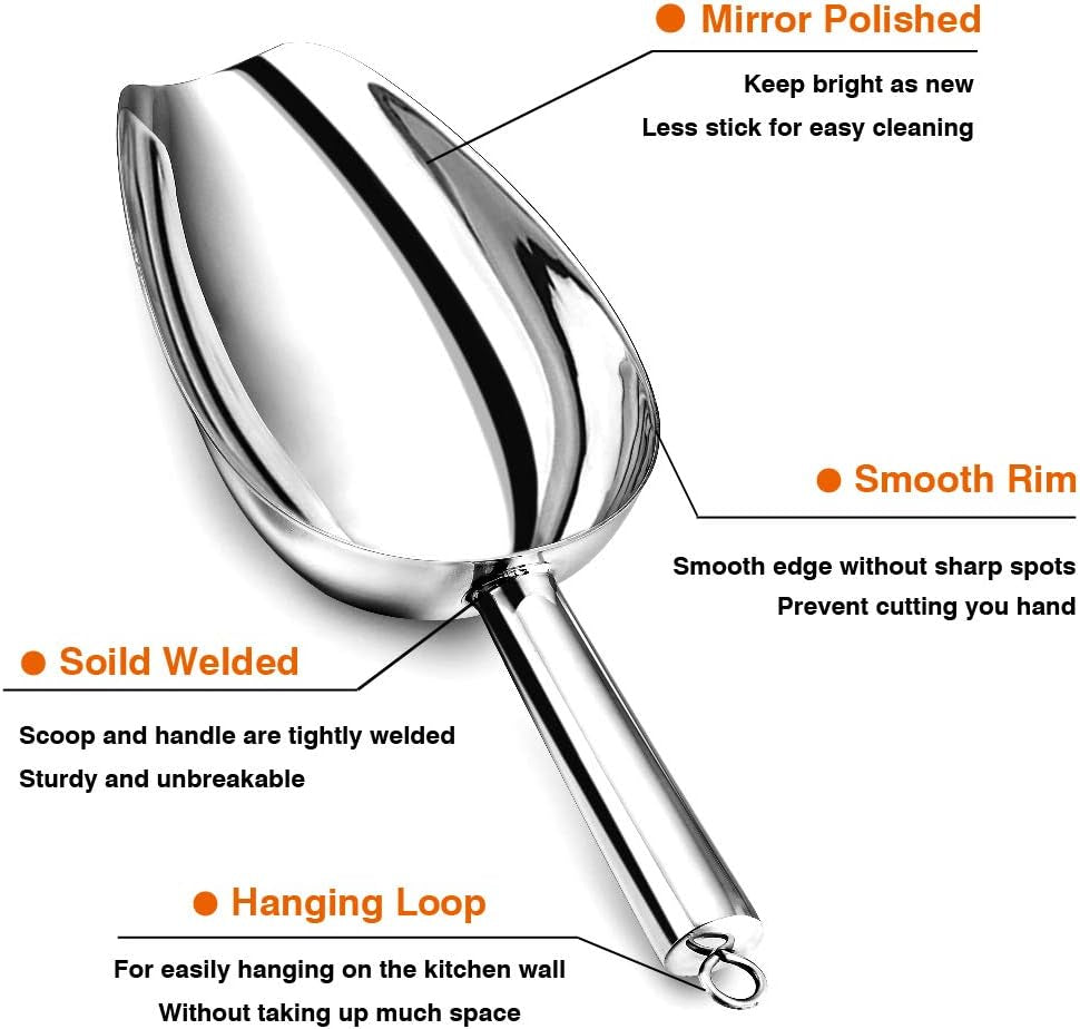 12 Ounce Ice Scoop Set of 2, Stainless Steel Large Food Scoop for Candy Bean Rice Flour Popcorn Cereal, Mirror Finish & Hanging Loop, Sturdy & Dishwasher Safe