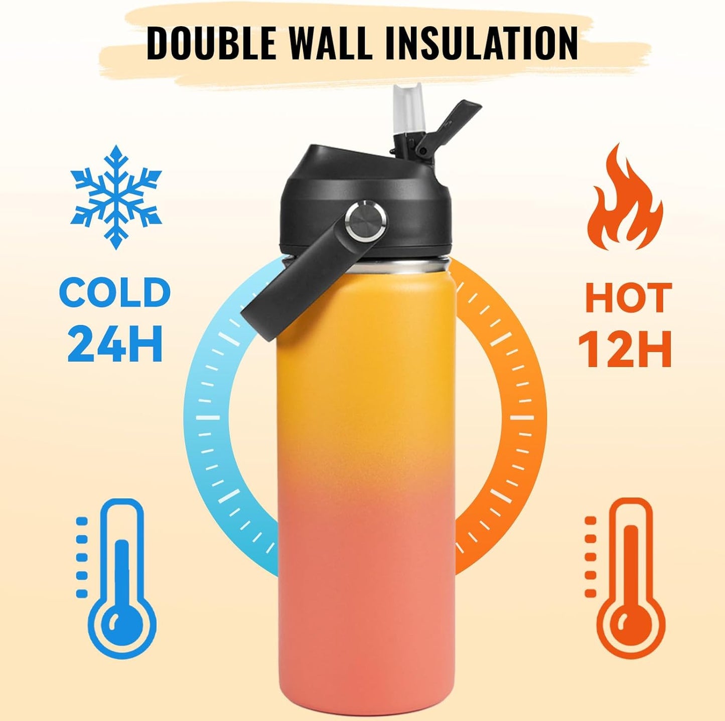 18Oz Insulated Stainless Steel Water Bottle, Wide Mouth Double Wall Vacuum, Silicone Straw, Sweat & Leak Proof, BPA Free Insulated Water Flask for Travel, Keep Cold 24H Hot 12H, Orange