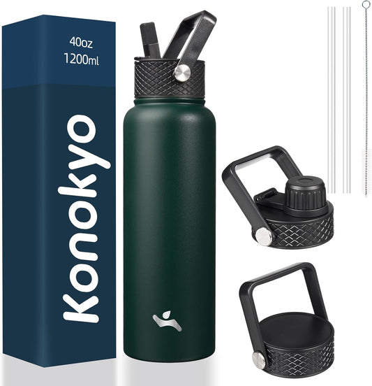 40Oz Insulated Water Bottle Stainless Steel Sport Bottles with 3 Lids,Army Green