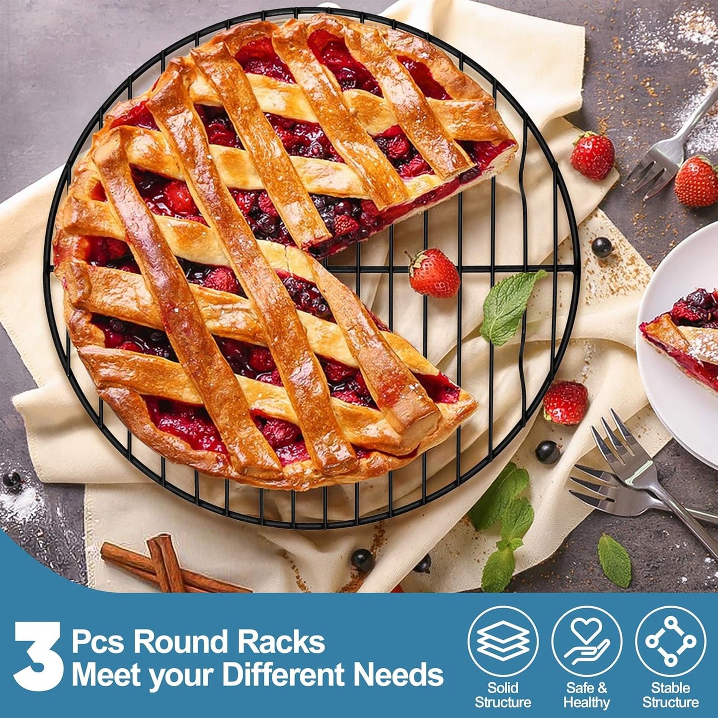 round Cooling Rack Set, round Wire Racks for Cooking Baking, Fit Air Fryer & Oven, Stainless Steel Core with Nonstick Coatings, Black, 3 PCS - 7.5 & 9 & 10.5 Inch