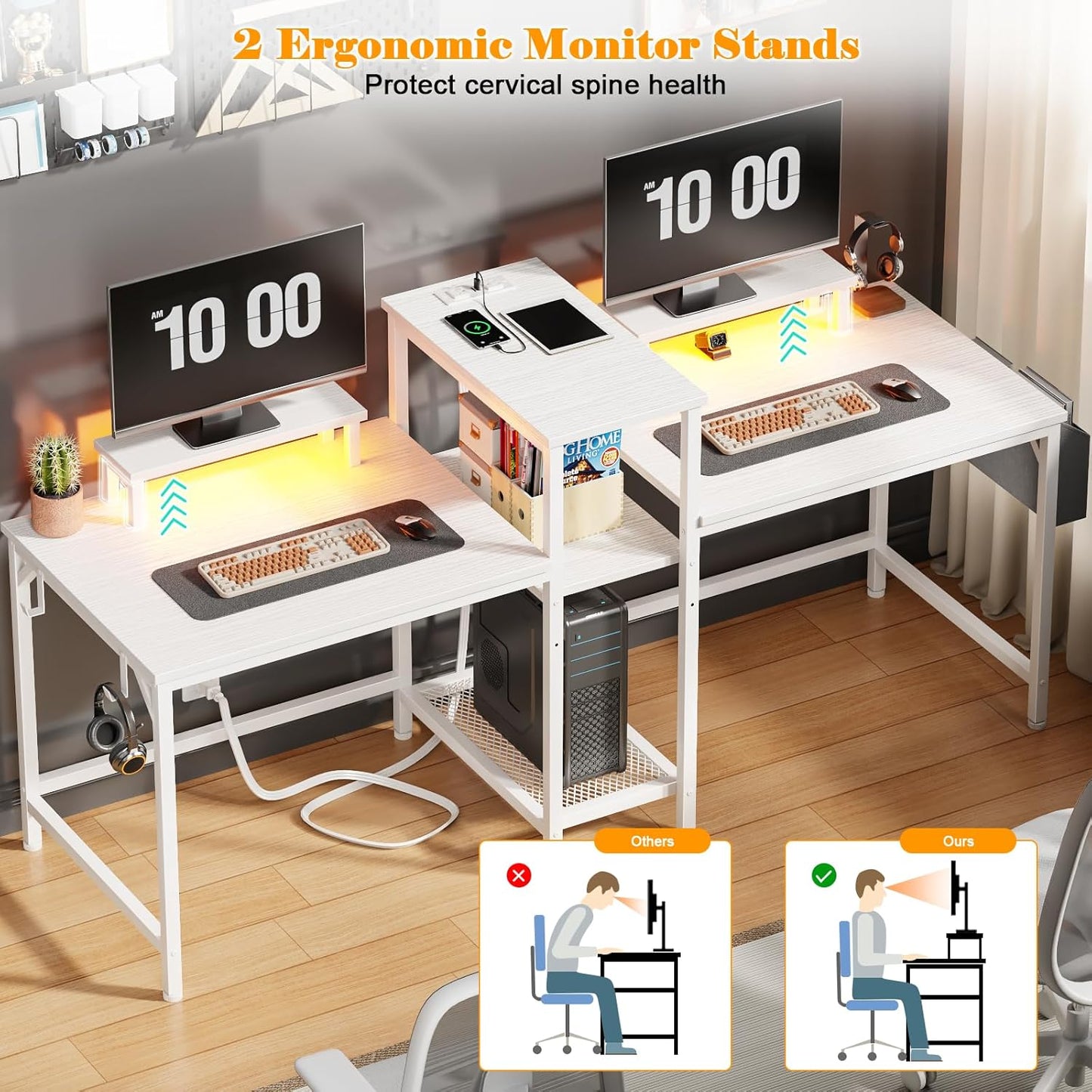 2 Person Gaming Desk with LED Lights, 71 Inch Computer Desk with Power Outlets and Monitor Stand, Double Desk with Storage Bag and Headphone Hooks, Study Writing Table for Home Office, White