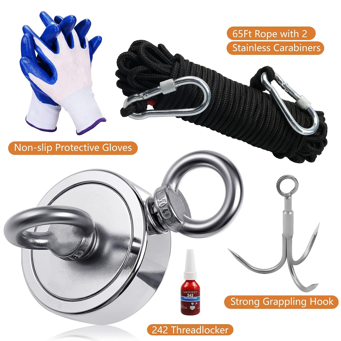 Professional Magnet Fishing Kit - 760 LBS Pulling Power with Grappling Hook, Heavy-Duty 65FT Rope, Gloves, and Locking Carabiner - 2.36 Inch Diameter