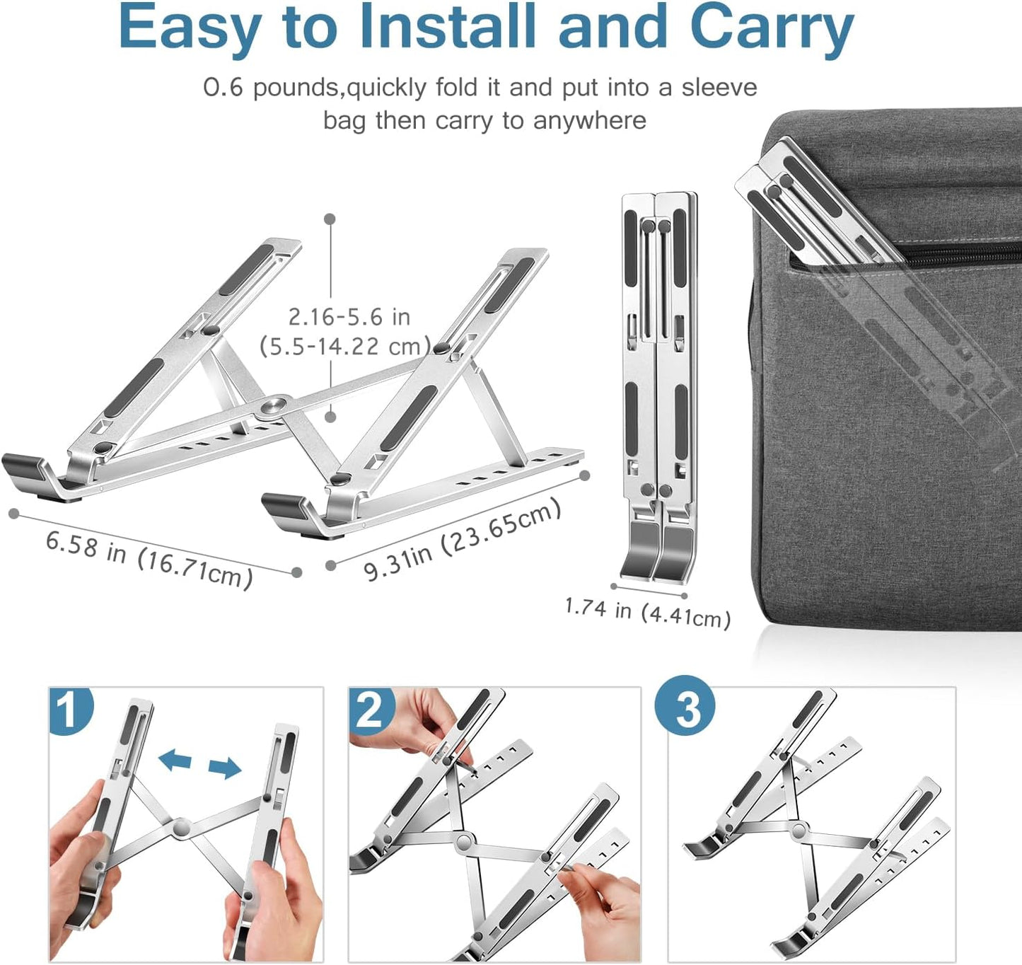 Laptop Stand, Laptop Holder Riser Computer Tablet Stand, 6 Angles Adjustable Aluminum Ergonomic Foldable Portable Desktop Holder Compatible with 10-15.6” Macbook,Ipad, HP, Dell, Lenovo Silver