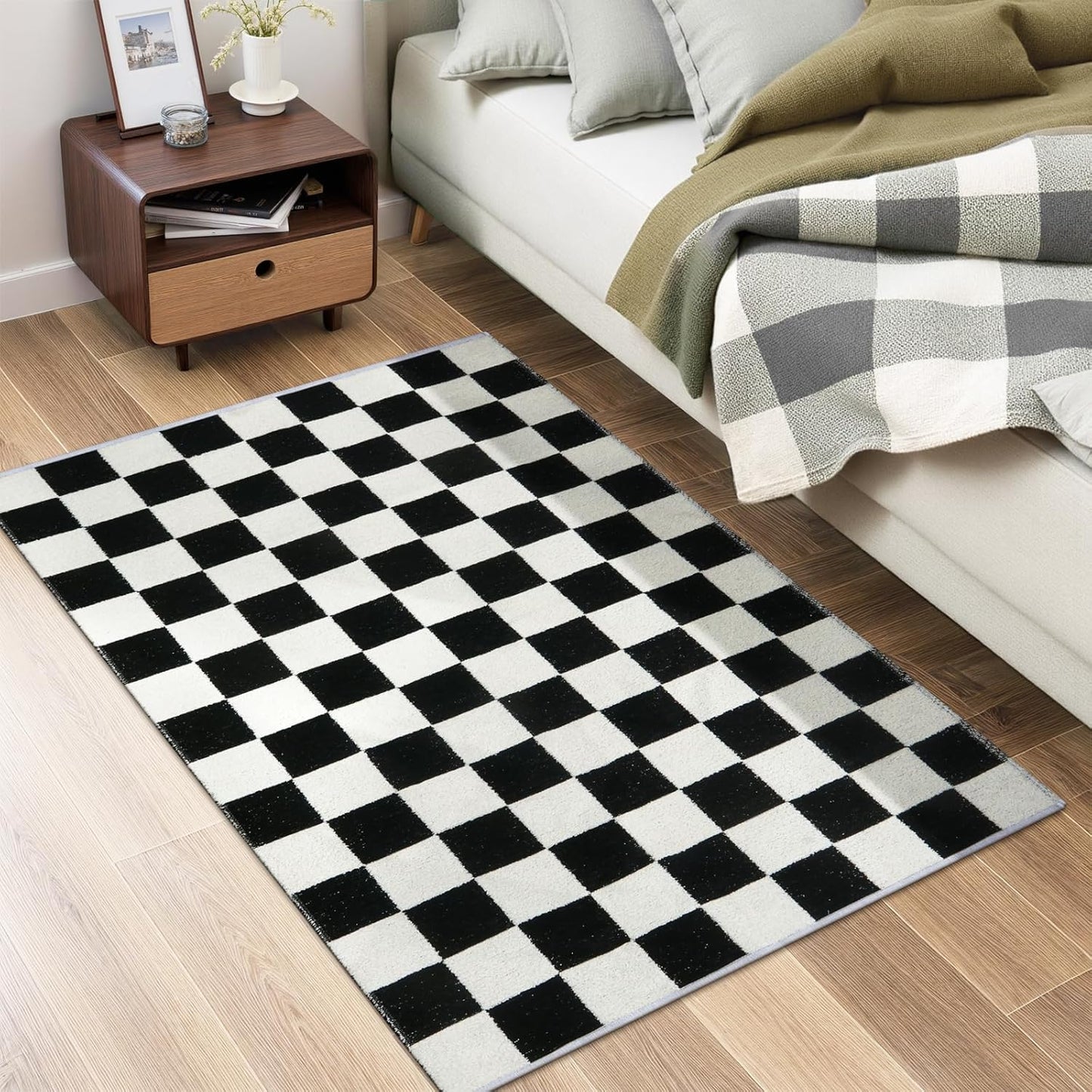 3X5 Small Checkered Race Car Rug for Bedroom, Cotton Woven Black and White Checker Area Rug for Classroom Nursery Dorm, Soft Low Pile Checkerboard Carpet for Playroom Bathroom Kids Room