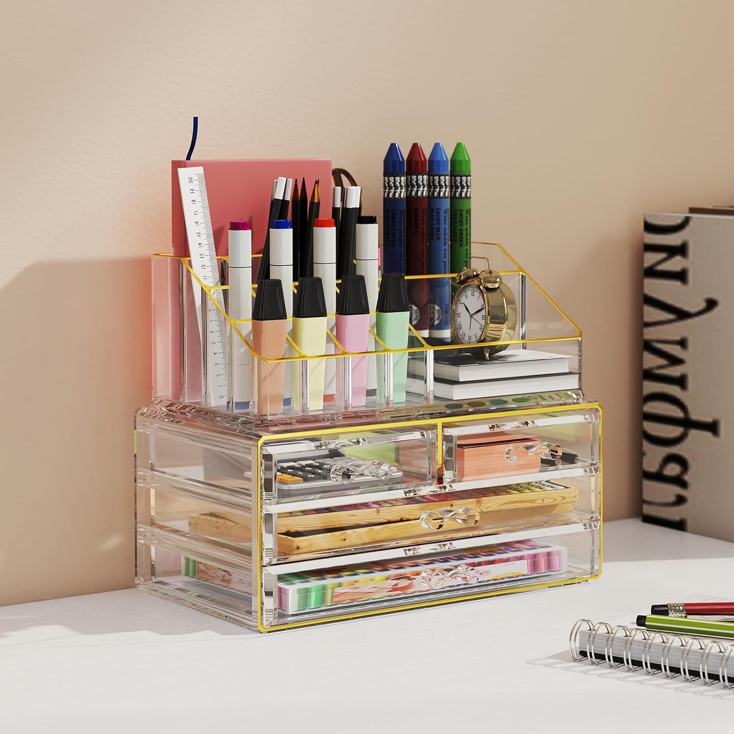 2Pc 4-Drawer Makeup Organizer Countertop Cosmetic Storage for Vanity | Bathroom | Skincare | Perfume Storage, Casual Pairing No Assembly, Ideal Gift for Women, Clear with Luxe Gold Trim