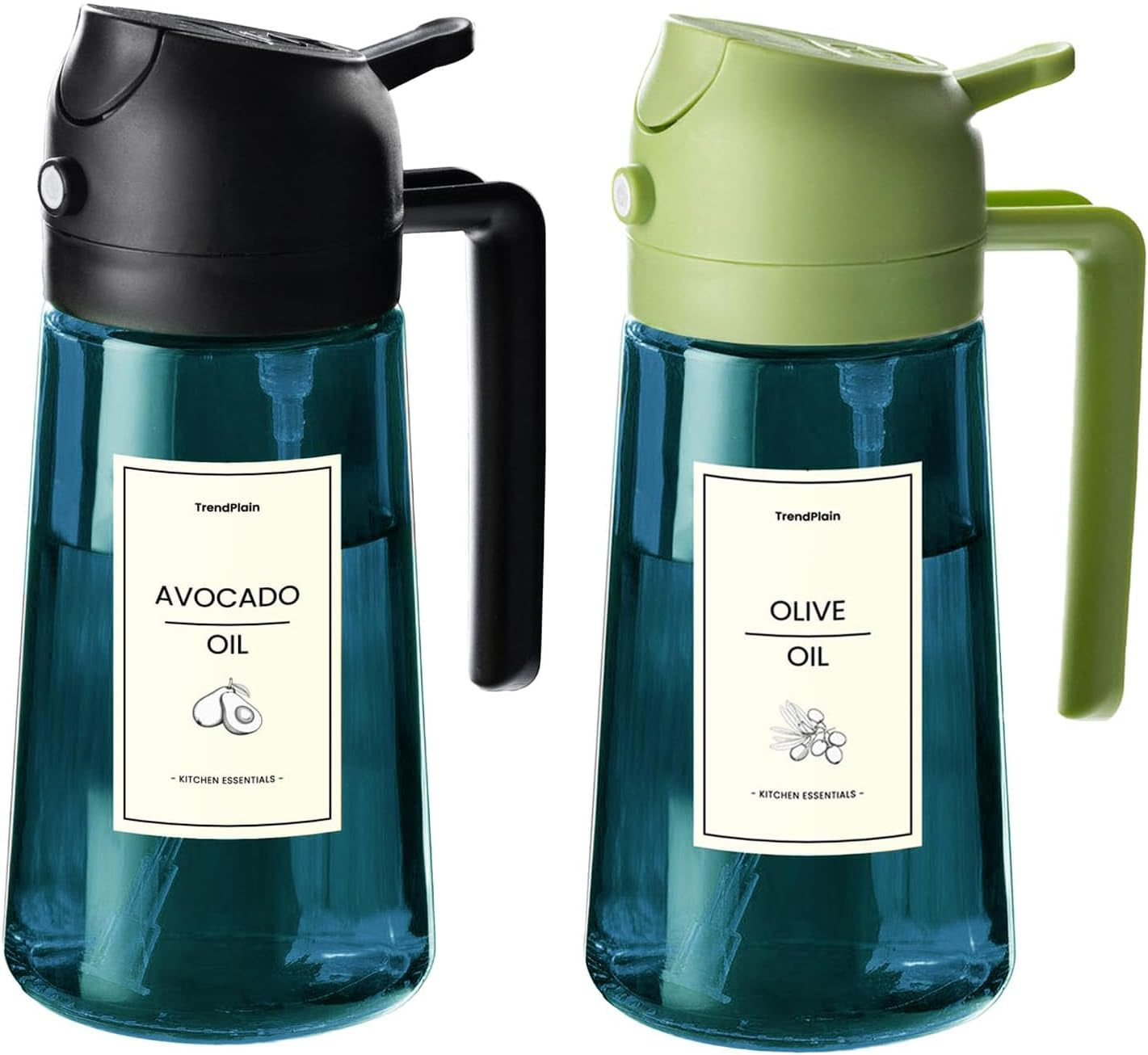 16Oz/470Ml Blue Glass Olive Oil Sprayer for Cooking - 2 in 1 Olive Oil Dispenser for Kitchen Gadgets, Air Fryer, Salad, and BBQ - Black & Green