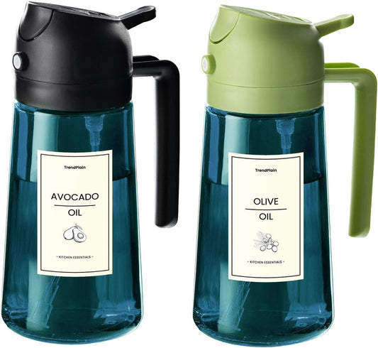 16Oz/470Ml Blue Glass Olive Oil Sprayer for Cooking - 2 in 1 Olive Oil Dispenser for Kitchen Gadgets, Air Fryer, Salad, and BBQ - Black & Green