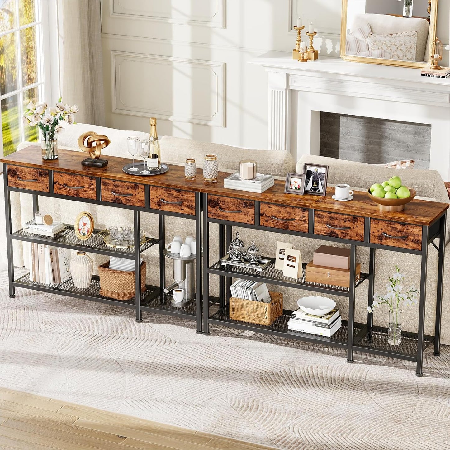 47-Inch Industrial Entryway Console Table with Four Fabric Drawers and Metal Mesh Shelf, Rustic Brown Wooden Top and Sturdy Metal Frame
