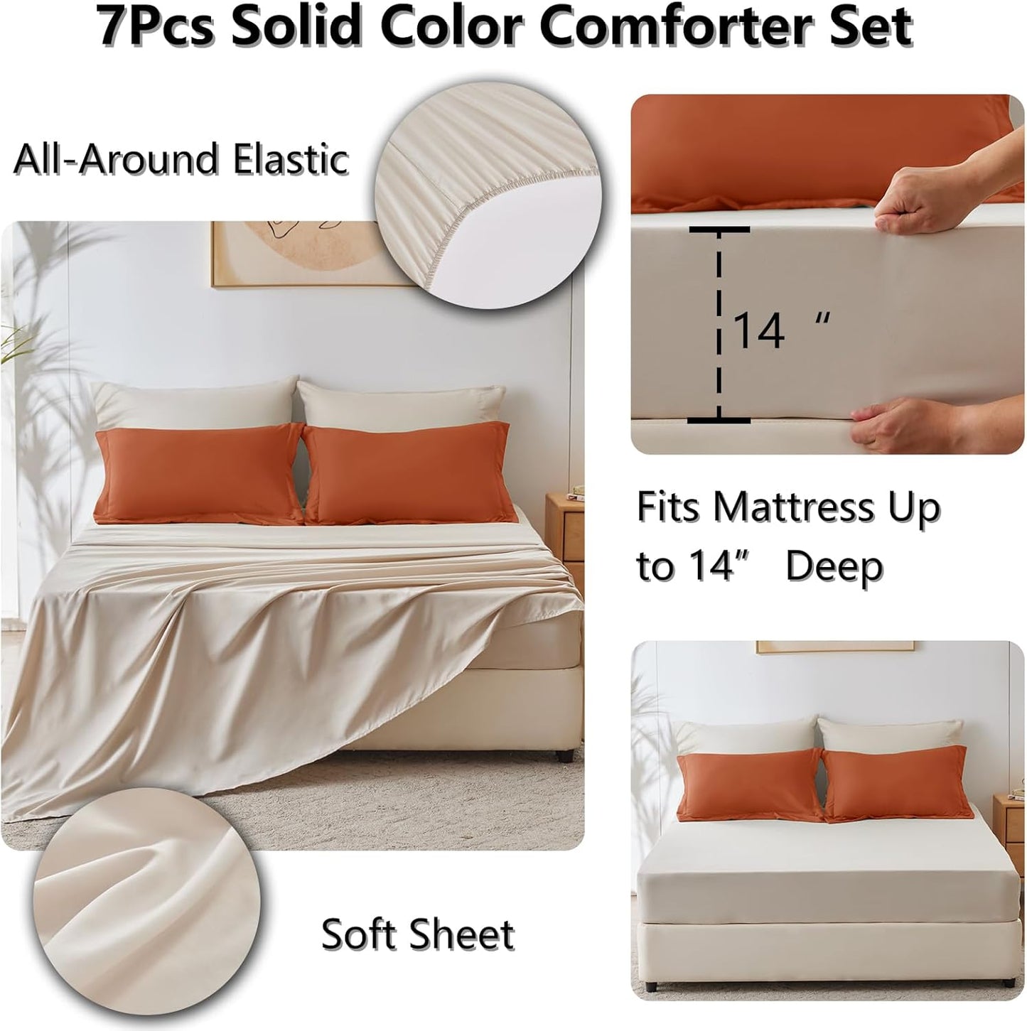 King Size Comforter Set Burnt Orange and Beige, 7 Pieces King Bedding Set Contrasting Design with Comforter, Flat Sheets, Fitted Sheet, Pillowcases & Shams, Bed in a Bag for All Season