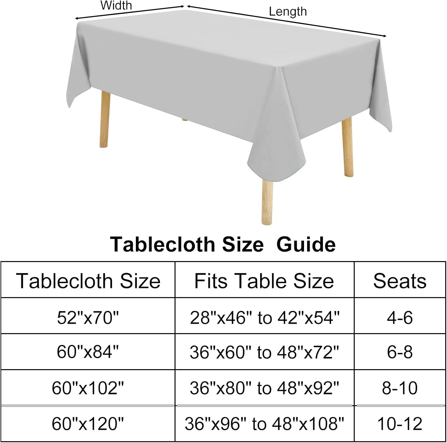 Rectangle Vinyl Tablecloth, Waterproof Spillproof Plastic Flannel Backed Table Cloth, Wipe Clean Table Cover for Dining, Buffet Parties and Camping (Light Grey, 54" X 78")