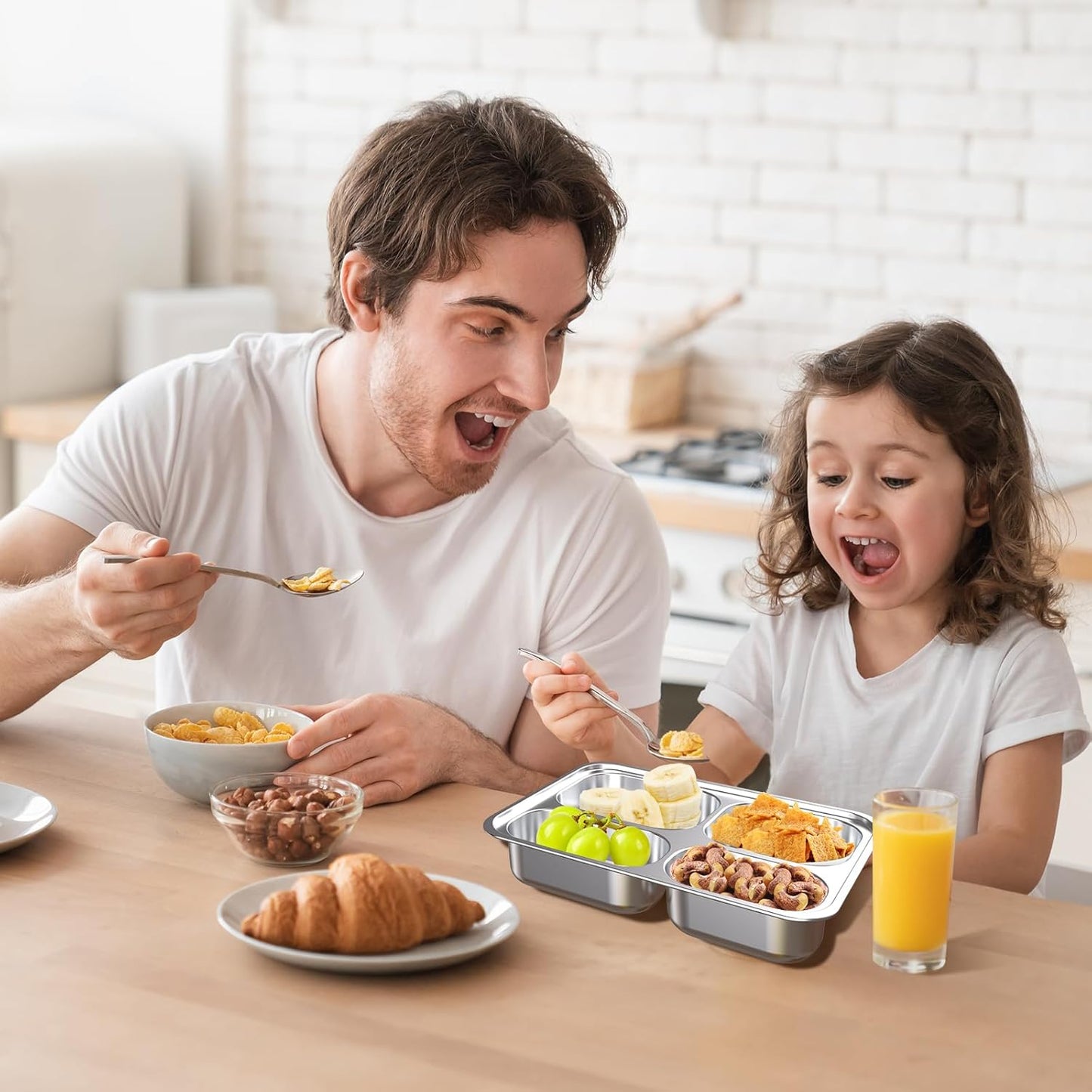Stainless Steel Divided Plate for Kids Toddler, Non Toxic Portion Control Plate Dinner Plate with Lid for Adults Weight Loss, 4 Pack 4 Sections Rectangular Snack Plate Tray