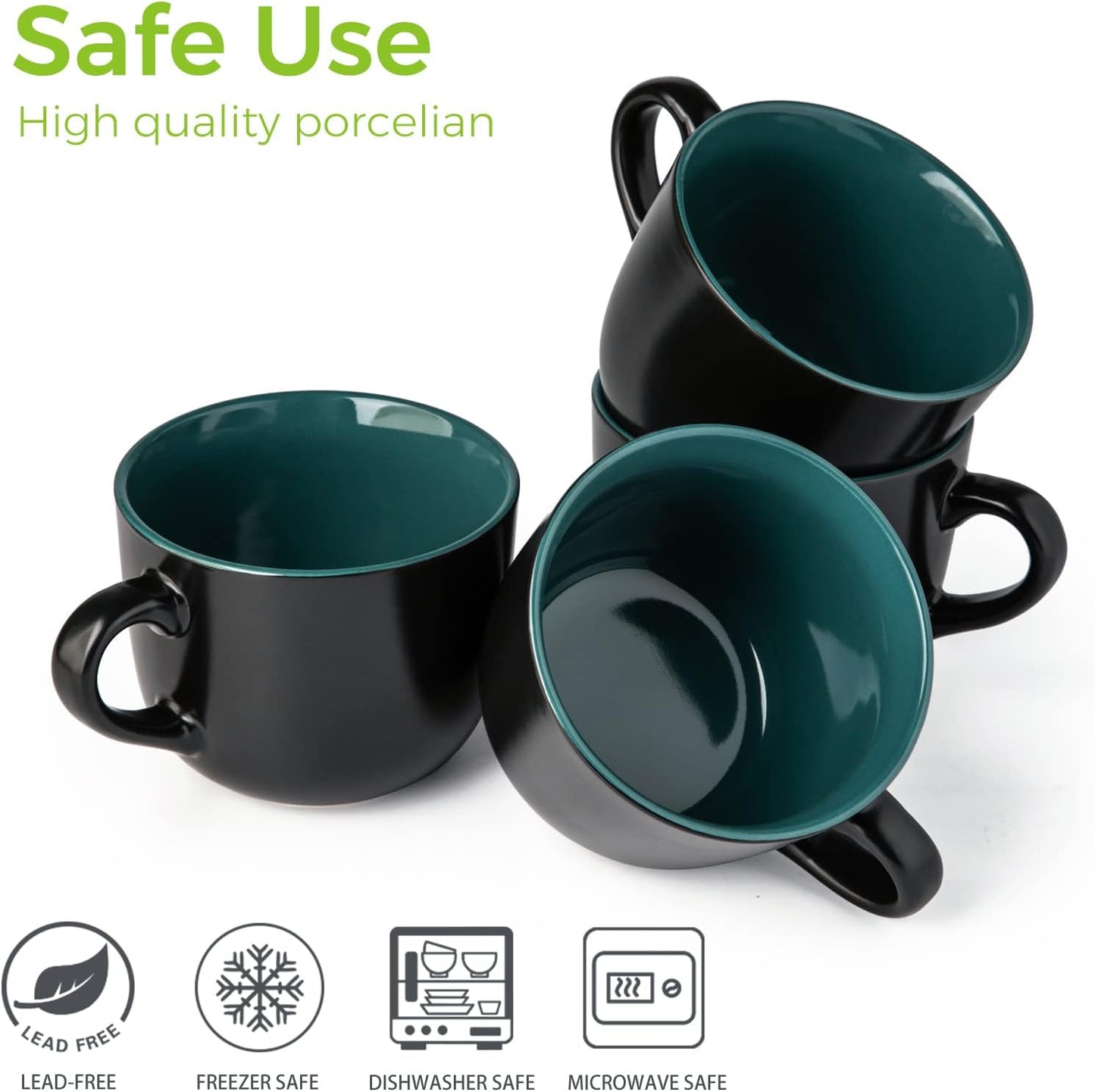 Set of 4 Jumbo Ceramic Soup Mugs with Handles, 24 Oz Capacity, Microwave and Dishwasher Safe - Green Interior