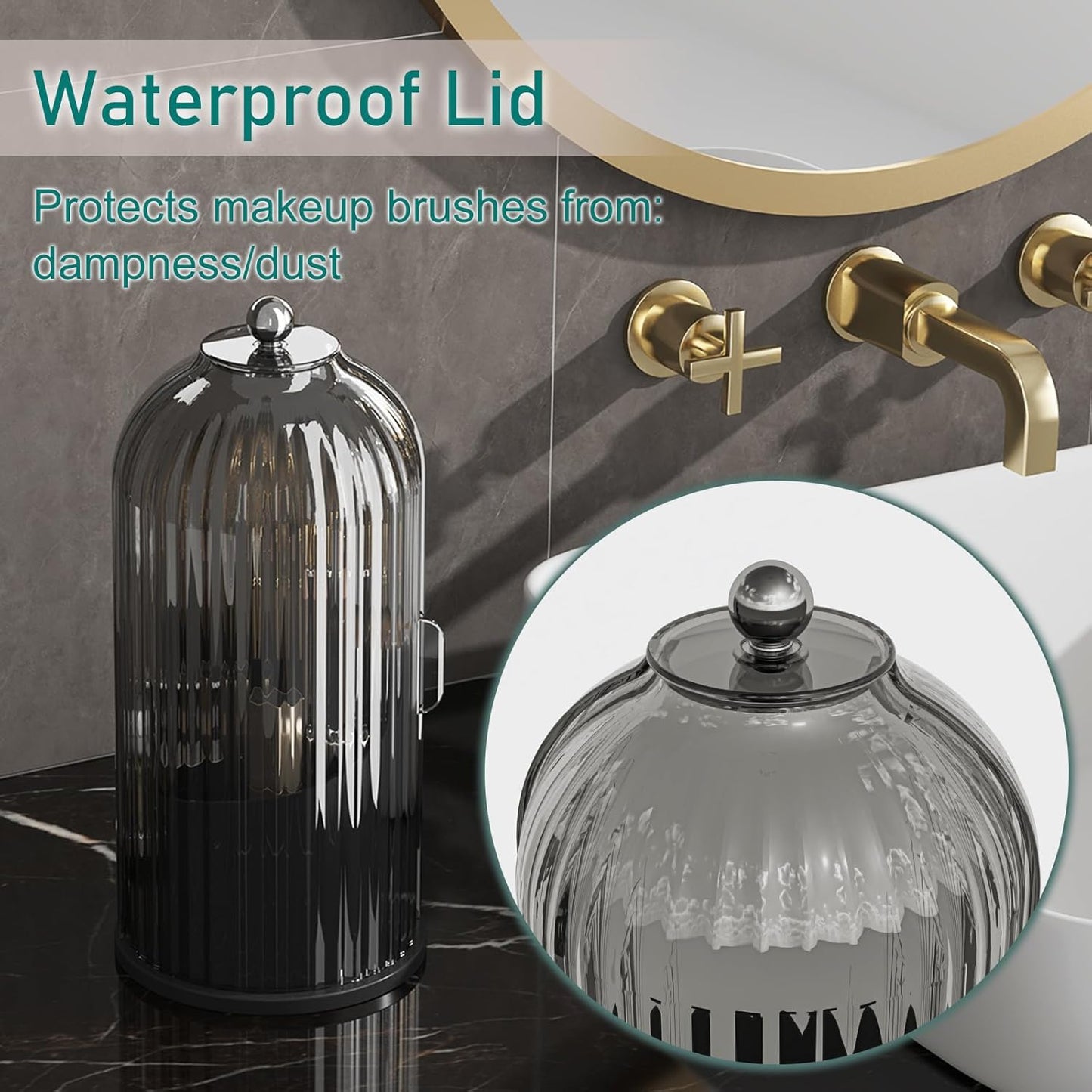 Makeup Brush Holder with Lid Cosmetic Tools Organizer 360 Rotating Waterproof Dustproof Beauty Brushes Storage for Vanity, Black-Grey