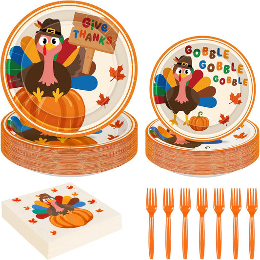 120 PCS Thanksgiving Plates and Napkins, Disposable Thanksgiving Paper Plates, 9" and 7" Fall Party Tableware, round Turkey Pumpkins Decorations for Harvest Banquet Decor Holiday Party Supplies