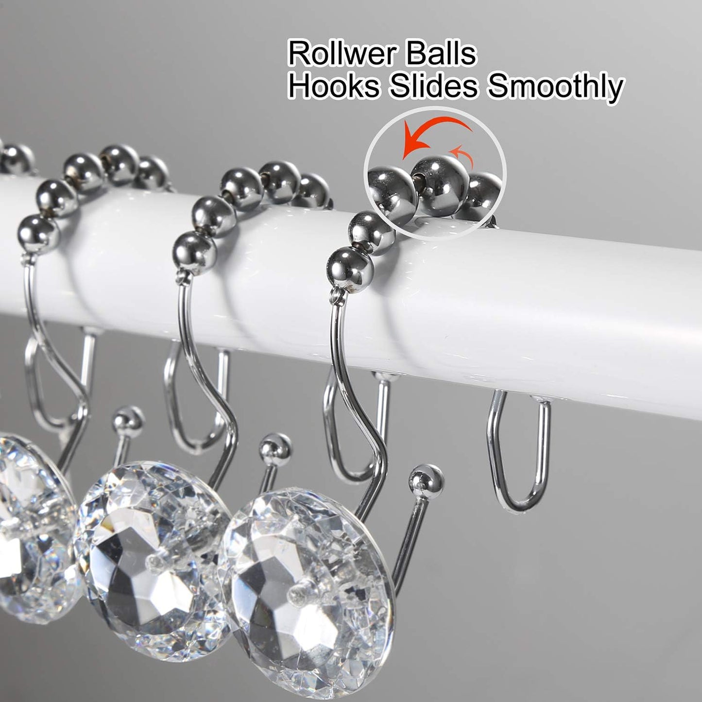 Shower Curtain Hooks, 12 Pcs Crystal Shower Curtain Rings, Stainless Steel Rust Proof Double Shower Hooks for Curtains, Shower Curtain & Liner Decor (Crystal White)