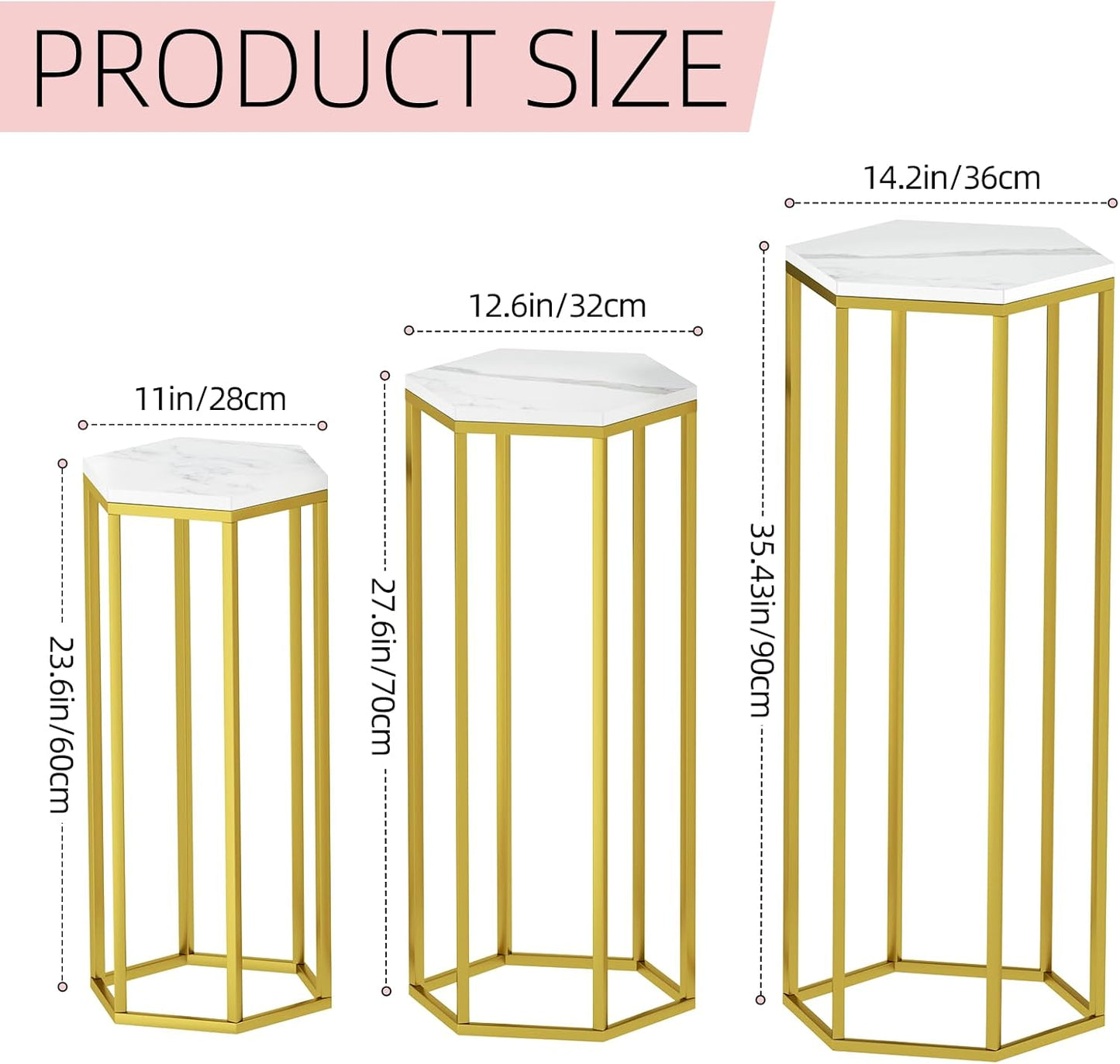 Cylinder Stands for Party, Set of 3 Gold Metal Hexagon Pedestal Stand with Marbled Countertop, Cake Flower Plant Pedestal Stands for Display Parties Wedding Birthday Decor, 3PCS, Gold