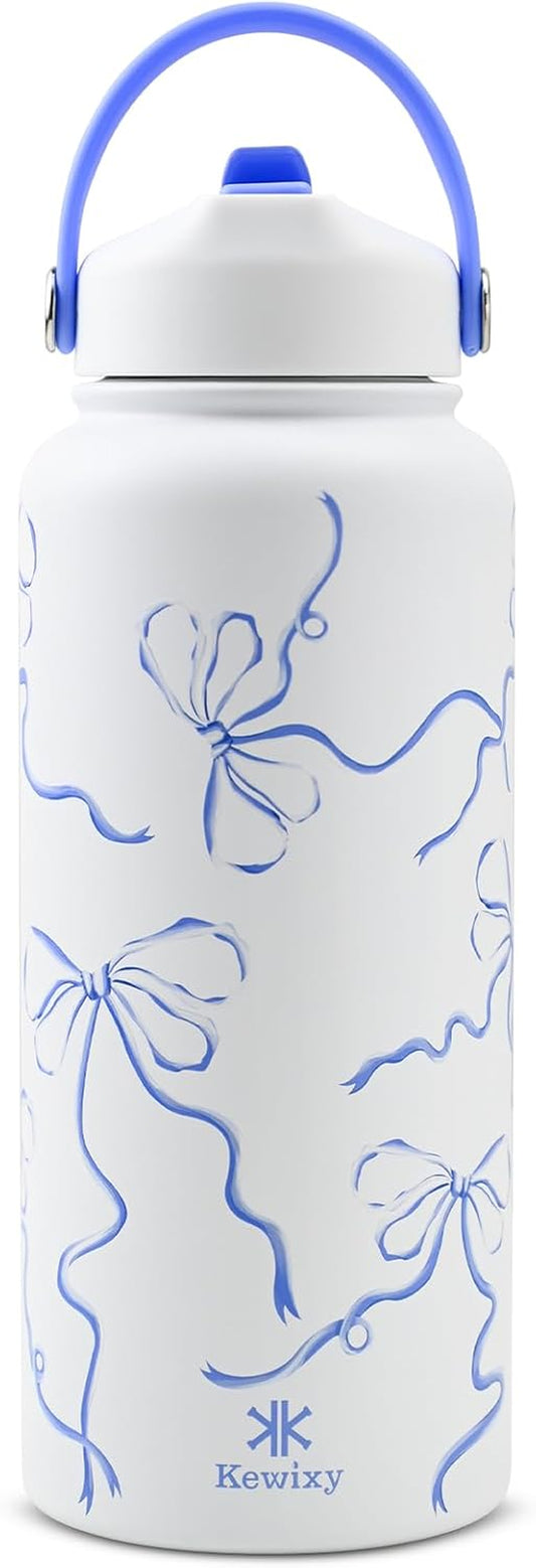 32 Oz Stainless Steel Insulated Water Bottle with Flip Straw and Handle, Leak-Proof, Reusable, Wide Mouth Design for Travel, Gym, and School (Breeze Blue Bow)