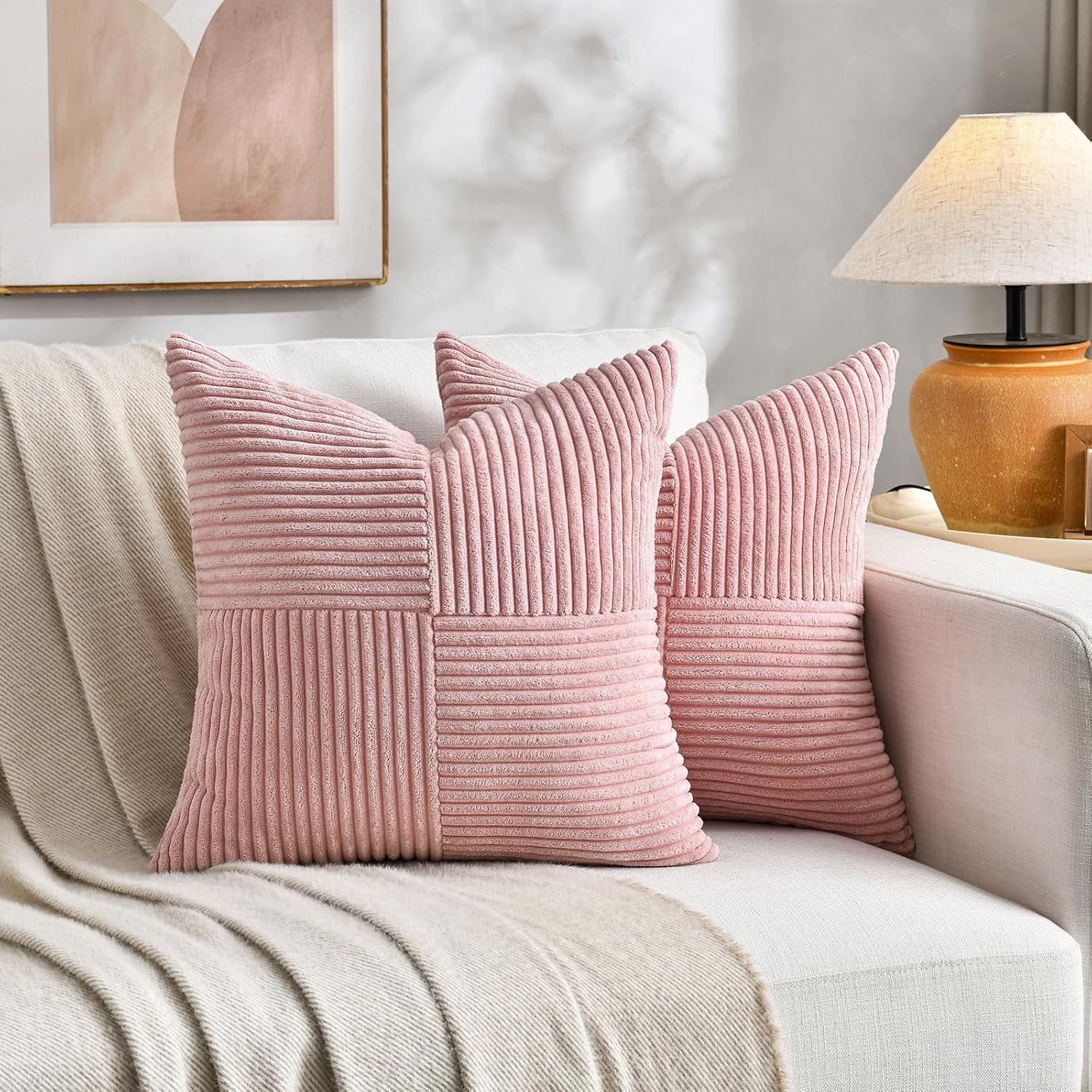 4 Packs Blush Pink Decorative Throw Pillow Covers 18X18 Inch for Living Room Couch Bed, Rustic Farmhouse Boho Home Decor, Soft Cross Corduroy Patchwork Textured Square Cushion Case 45X45 Cm