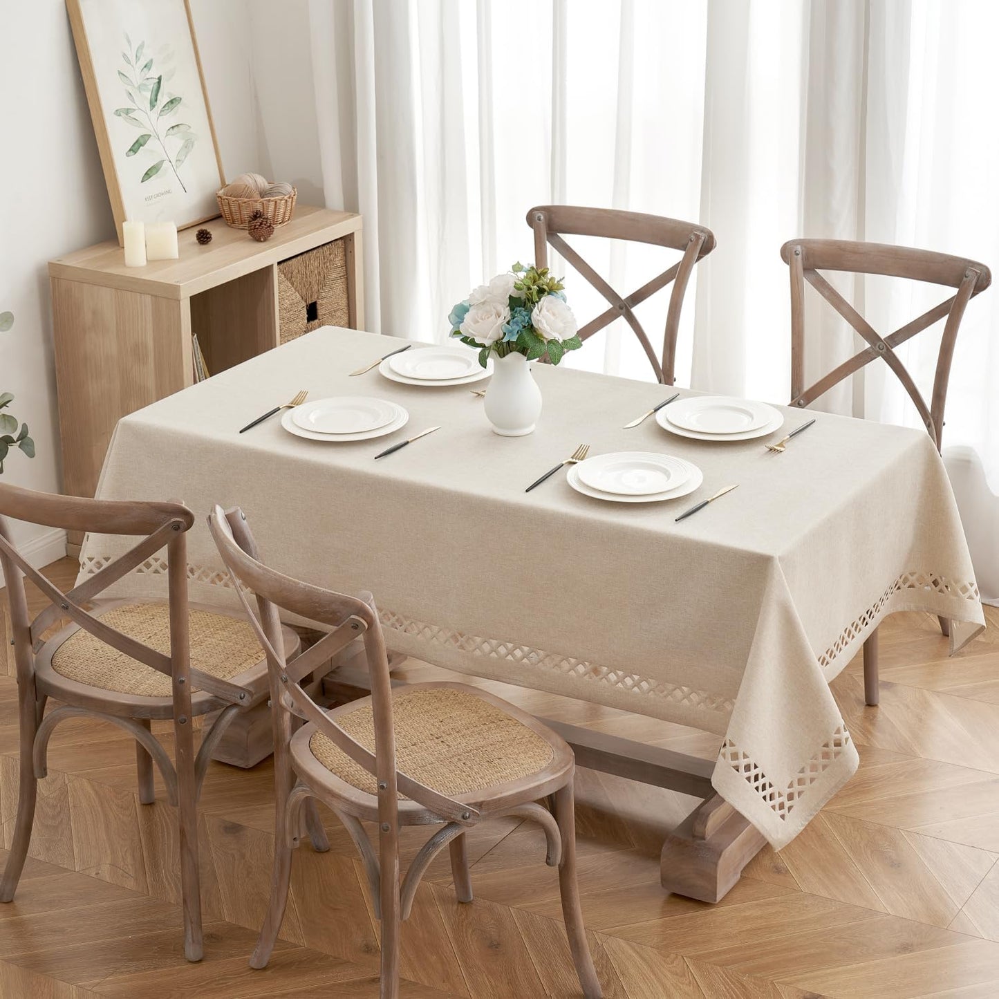 Natural Thick Polyester Rectangle Tablecloth with Decorative Cutouts Waterproof Stain Resistant Table Cloth Farmhouse Table Cover for Thanksgiving Dining Party Camping, 52 X 70 Inch