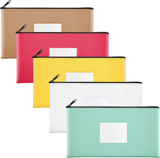 5-Pack Money Bags with Zipper, PU Leather Bank Deposit Bags, Waterproof Money Pouch for Organize Cash, Coins, Cosmetics, Invoice, Bills, Tools, 11.5 X 6.2 Inches, Macaroon Colors