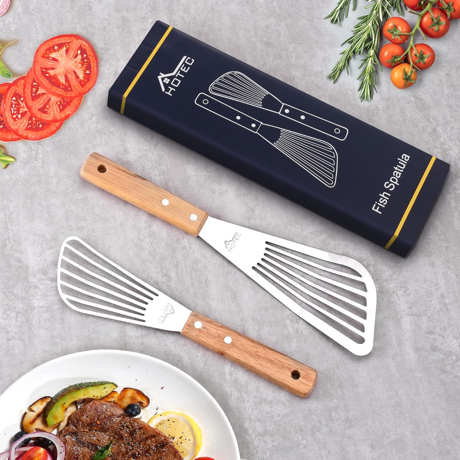 2Pcs Stainless Steel Wooden Handle Fish Spatula, Metal Spatula Flipping Foods