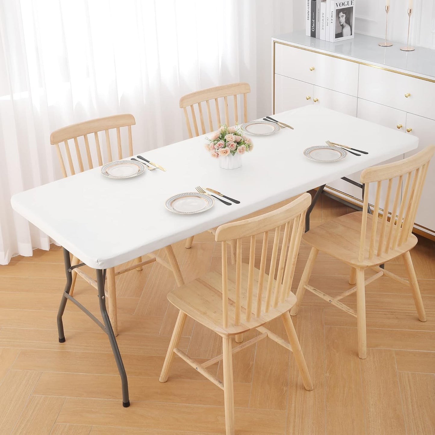 Waterproof Fitted Vinyl Tablecloth, 6FT Table Cover in Black and 6FT Table Cover in White, 2 Item Bundle