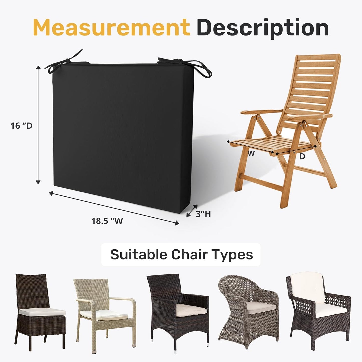 Outdoor Chair Cushions Pack of 4, Water Resistant Patio Cushions with Ties, High Density Sponge Filling Square Corner Seat Cushions for Outdoor Furniture, 18.5"X16"X3", Black