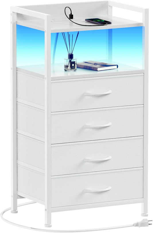 White Nightstand with Charging Station and LED Light, Tall Bedroom Dresser with 4 Fabric Storage Drawers, Metal Frame and Wood Shelf