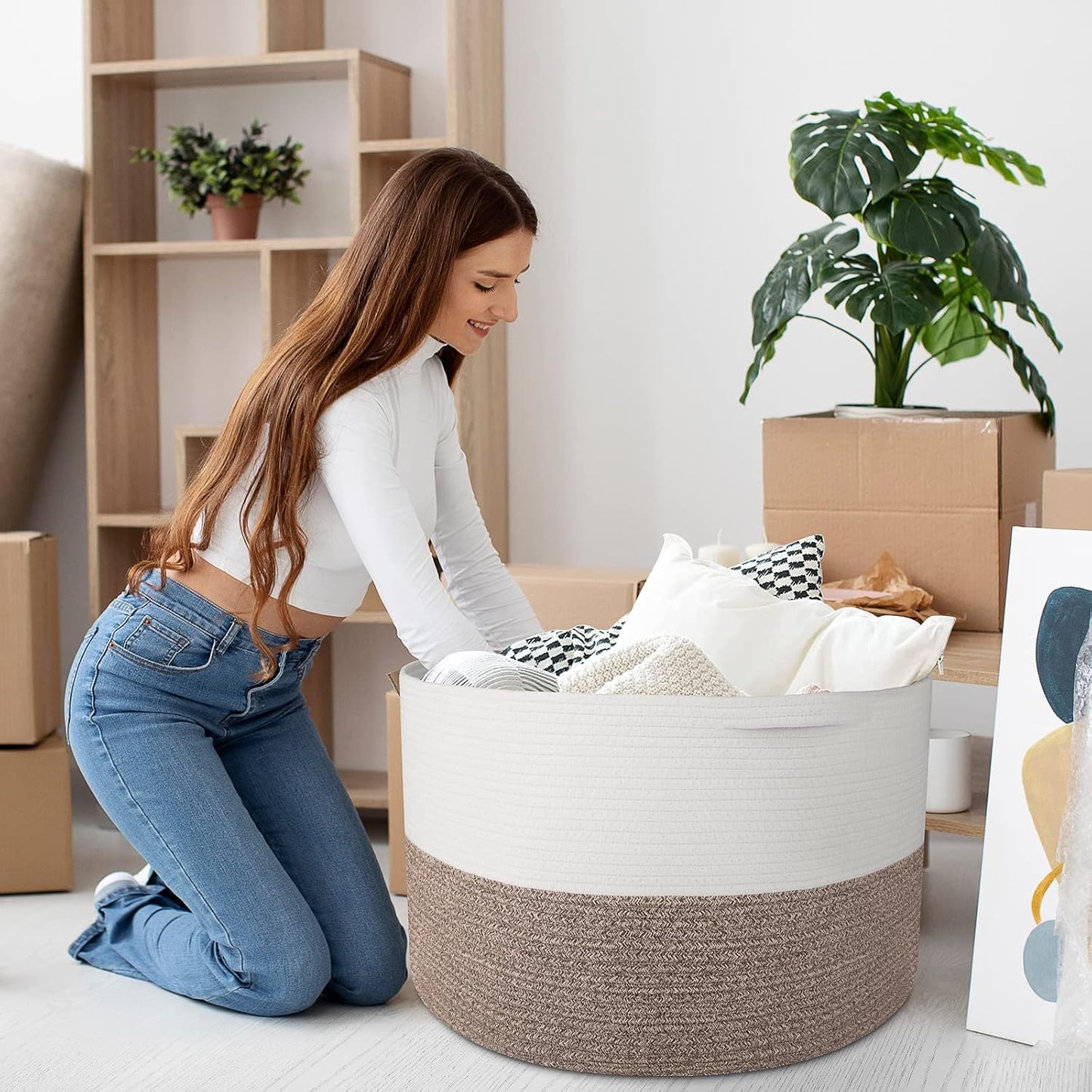 Storage Basket Large Cotton Rope Basket 21.7"X 21.7" X 13.8" with Handle Big Soft Nursery Cube Bin Laundry Hamper for Living Room(White/Brown)