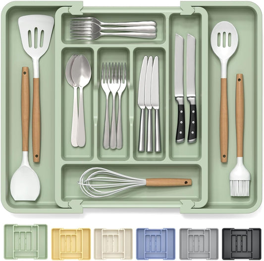 Expandable Silverware Organizer for Kitchen Drawers - BPA-Free Thick Plastic with Wider Compartments and Non-Skid Feet (Sage Green)