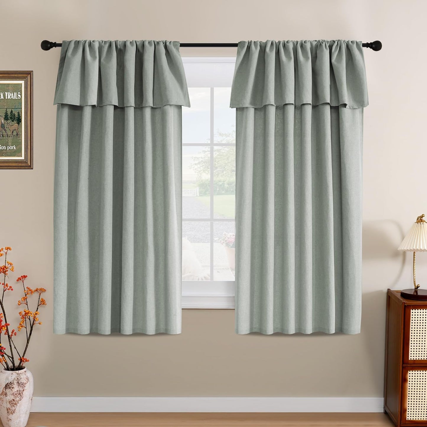 Linen Curtains with Valance 63 Inch Long 2 Panels Farmhouse Boho Privacy Window Curtains for Living Room Bedroom Ring/Rod Pocket Privacy Light Filtering Drapes, 52X 63 Inch, Heather Sage