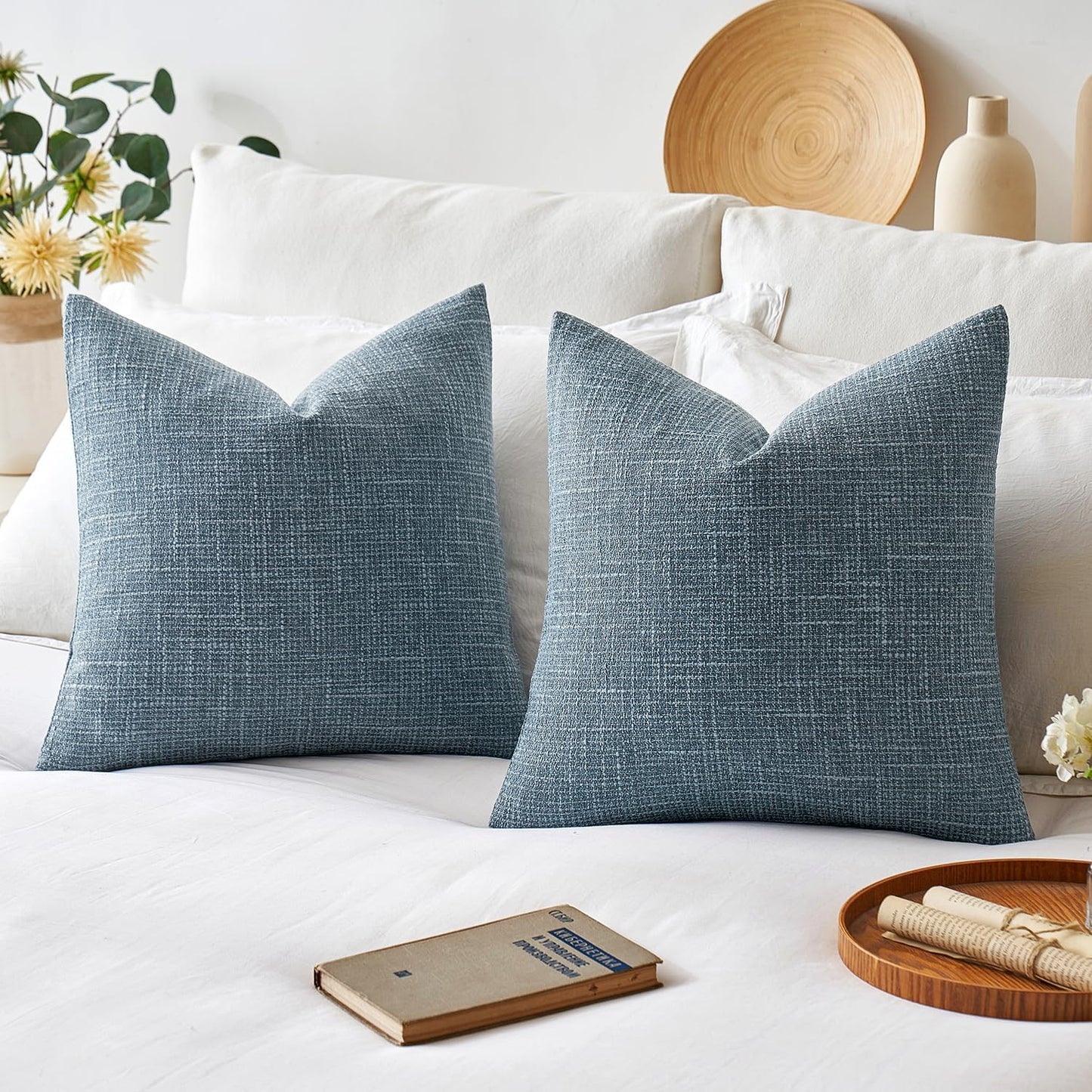 Burlap Linen Throw Pillow Covers 18X18 Inch Set of 2 Coastal Blue Farmhouse Decorative Pillows Modern Pillowcases Soft Accent Cushion Covers for Outdoor Couch Sofa Bedroom Livingroom Home Decor