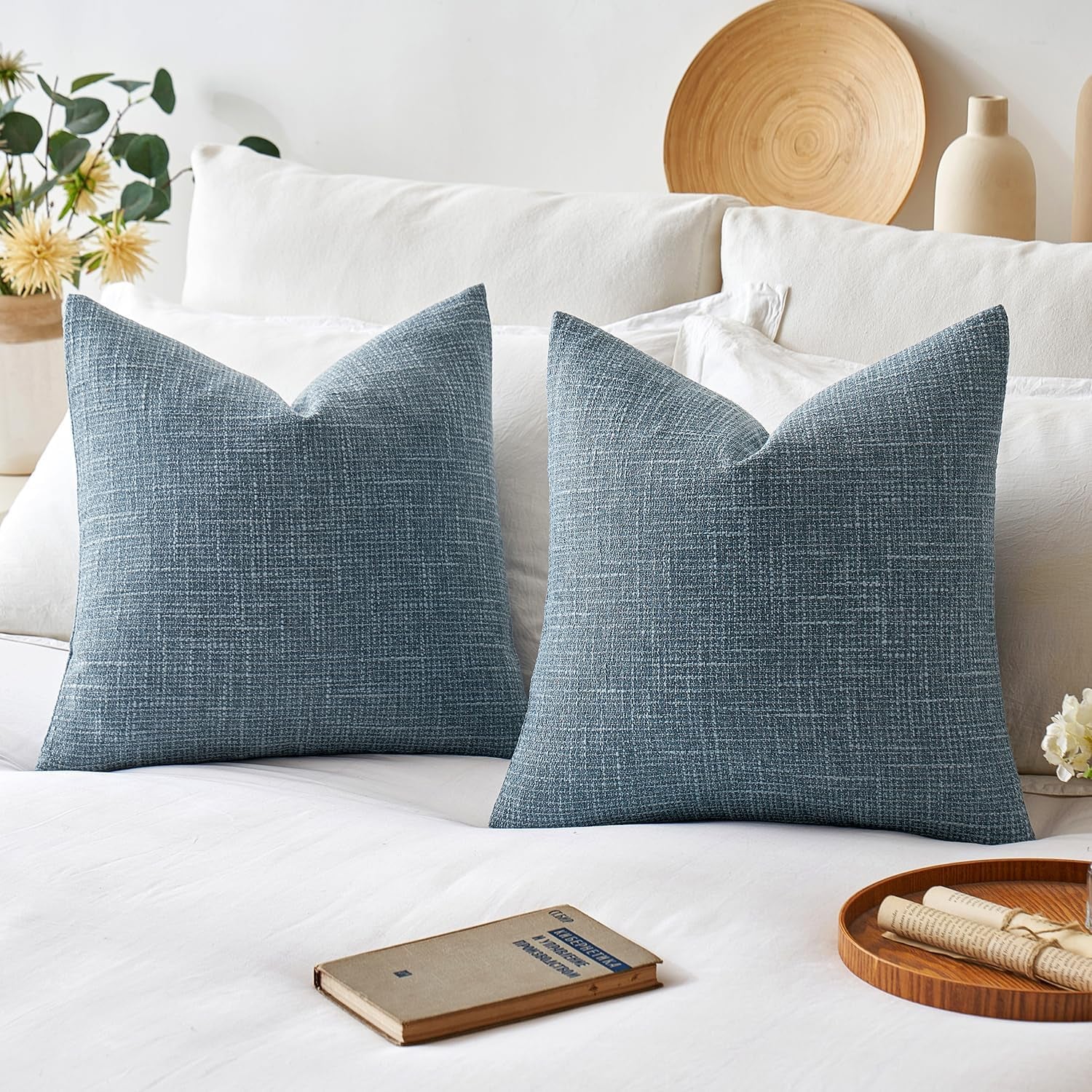 Burlap Linen Throw Pillow Covers 18X18 Inch Set of 2 Coastal Blue Farmhouse Decorative Pillows Modern Pillowcases Soft Accent Cushion Covers for Outdoor Couch Sofa Bedroom Livingroom Home Decor