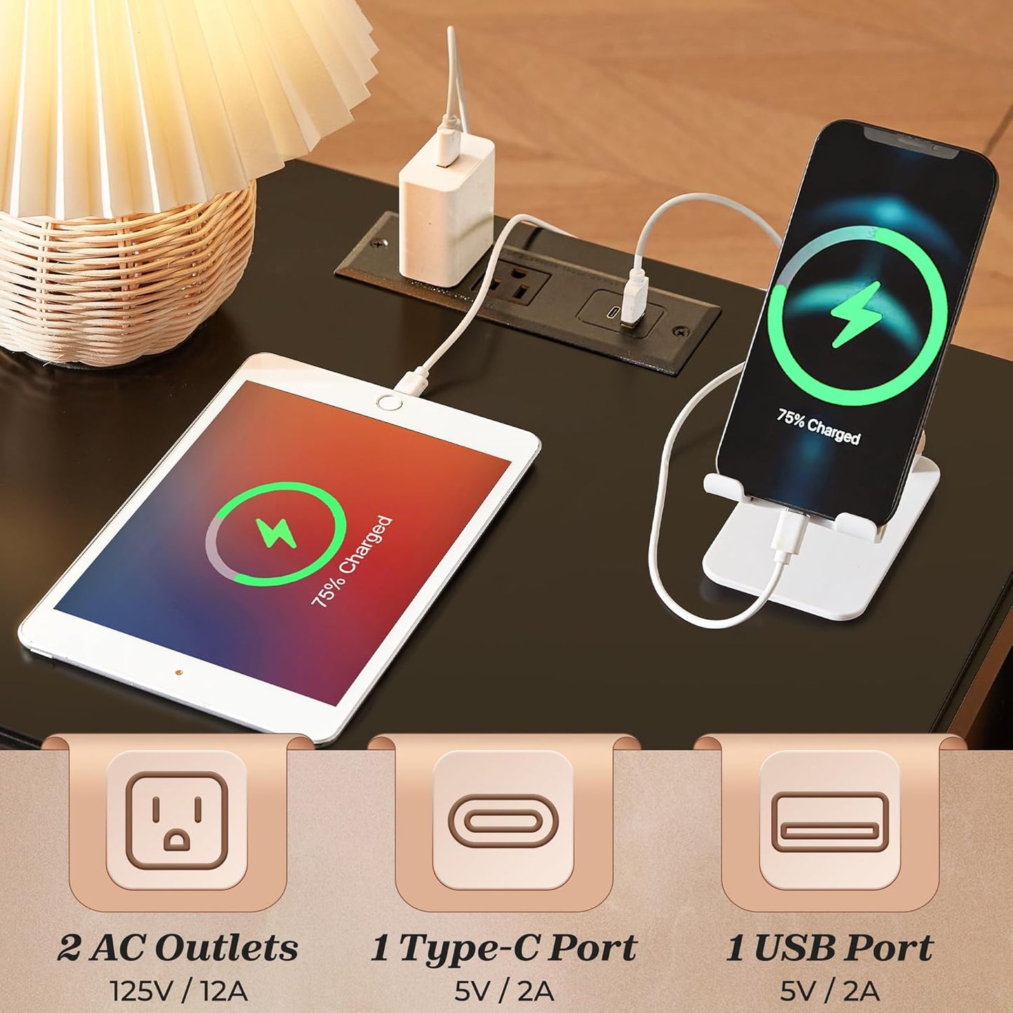 Modern Black Nightstand with Charging Station and Two Drawers, Stylish Bedside Table with Storage Solutions and Metal Knobs