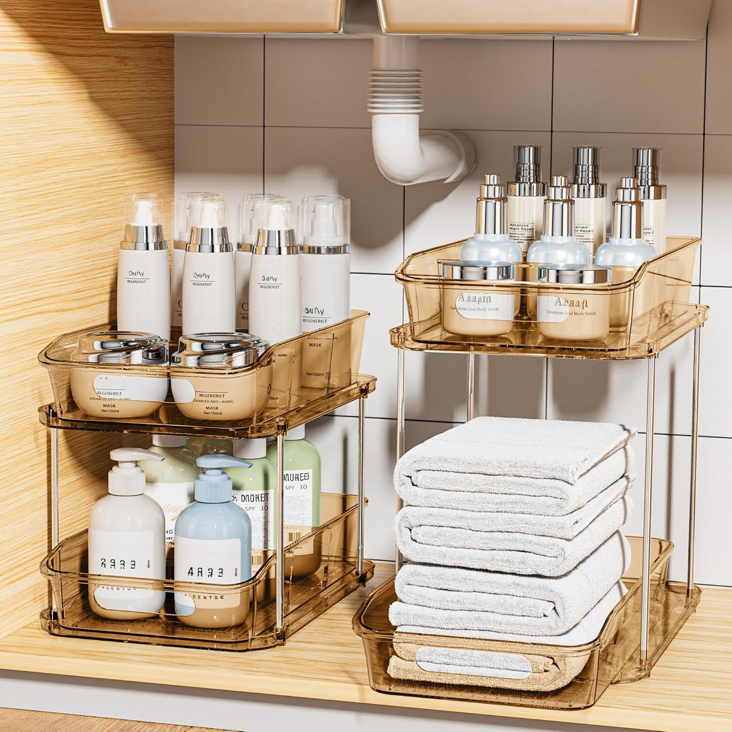 2 Sets of 2-Tier Clear under Sink Organizers and Storage, Multi-Purpose Stackable Bathroom Cabinet Organizers, Amber