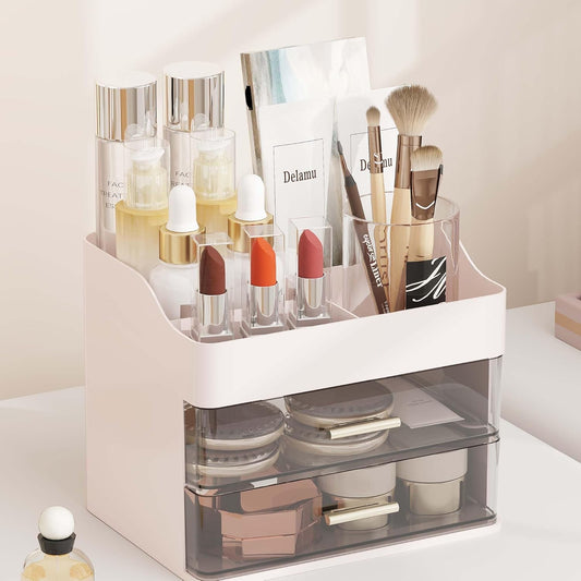 Makeup Organizer Countertop, 3-Tier Large Capacity Bathroom Counter Organizer with 2 Clear Drawers for Easy Access, Ideal for Makeup, Skincare, Lipsticks, Office Supplies, Present, Etc, Pink