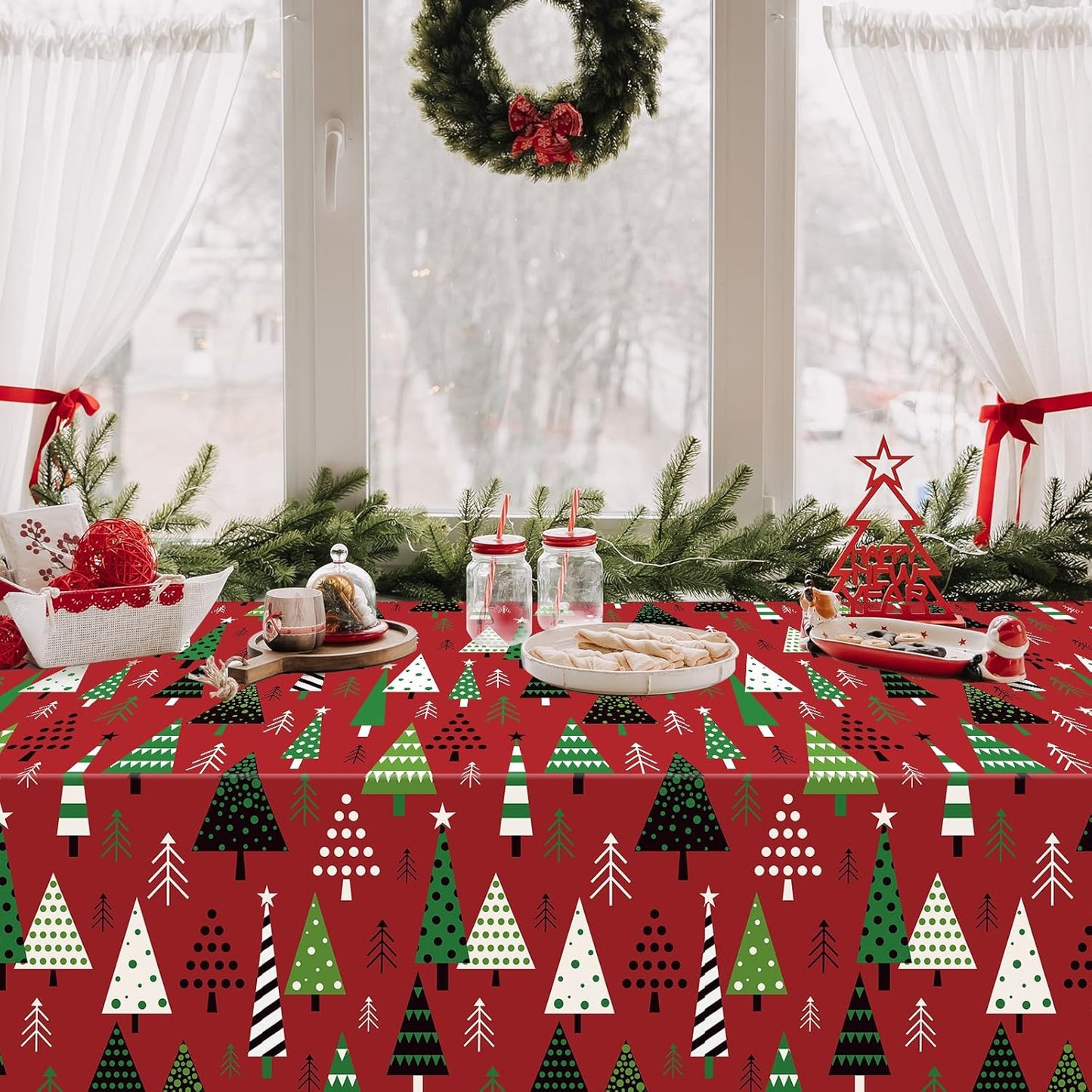3 Pack Christmas Tree Table Cloth for Rectangle Table, Red Green Xmas Disposable Plastic Table Cover Waterproof Christmas Table Decorations for Winter Holiday New Year Party Supplies, 54X108 Inch