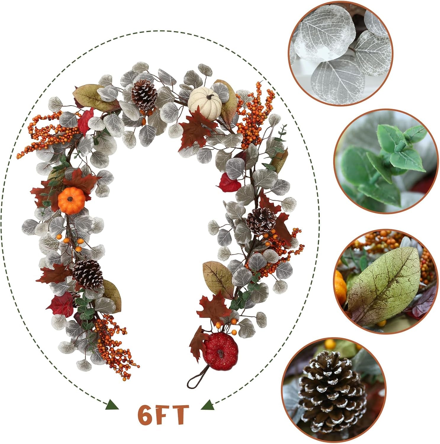 Fall Leaves Garland for Mantle, 6Ft Greenery Leaf Garland with Pumpkins and Fall Eucalyptus for Table,Mantle,Fireplace,Autumn and Thanksgiving Decor